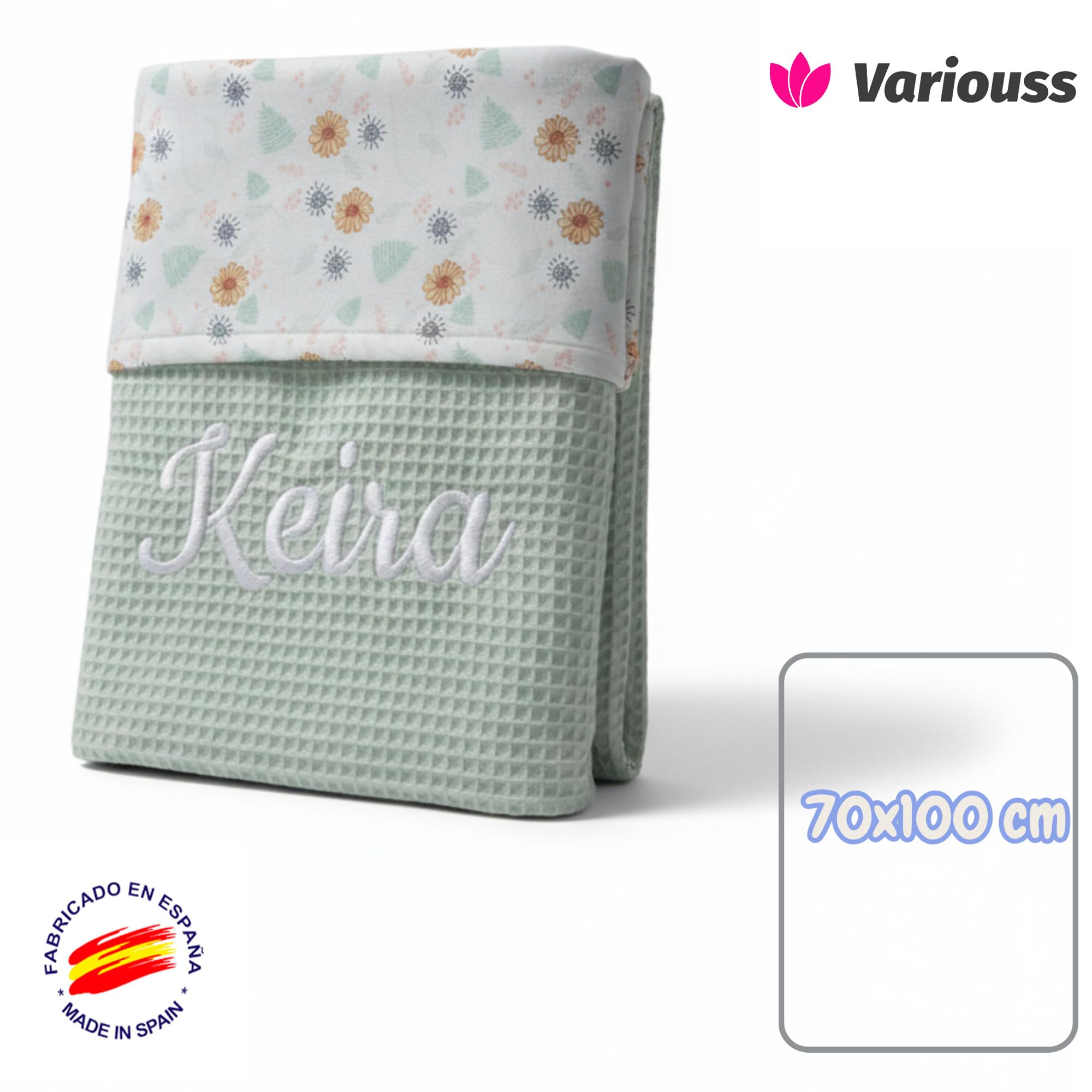 variouss Manta para Bebe Recien Nacido Personalizado con su Nombre Bordado, Cochecito o capazo. (019 Verde)