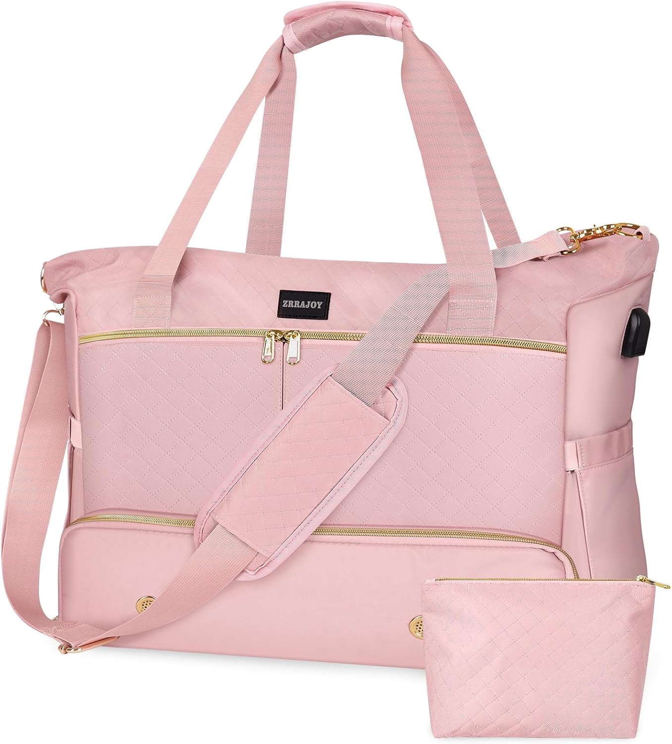 ZRRAJOY Weekender Overnight Bag for Women, Large Travel Duffel with Shoe Compartment, Wet Pocket, USB Charging Port, Carry-On Gym Tote Bag (Pink)