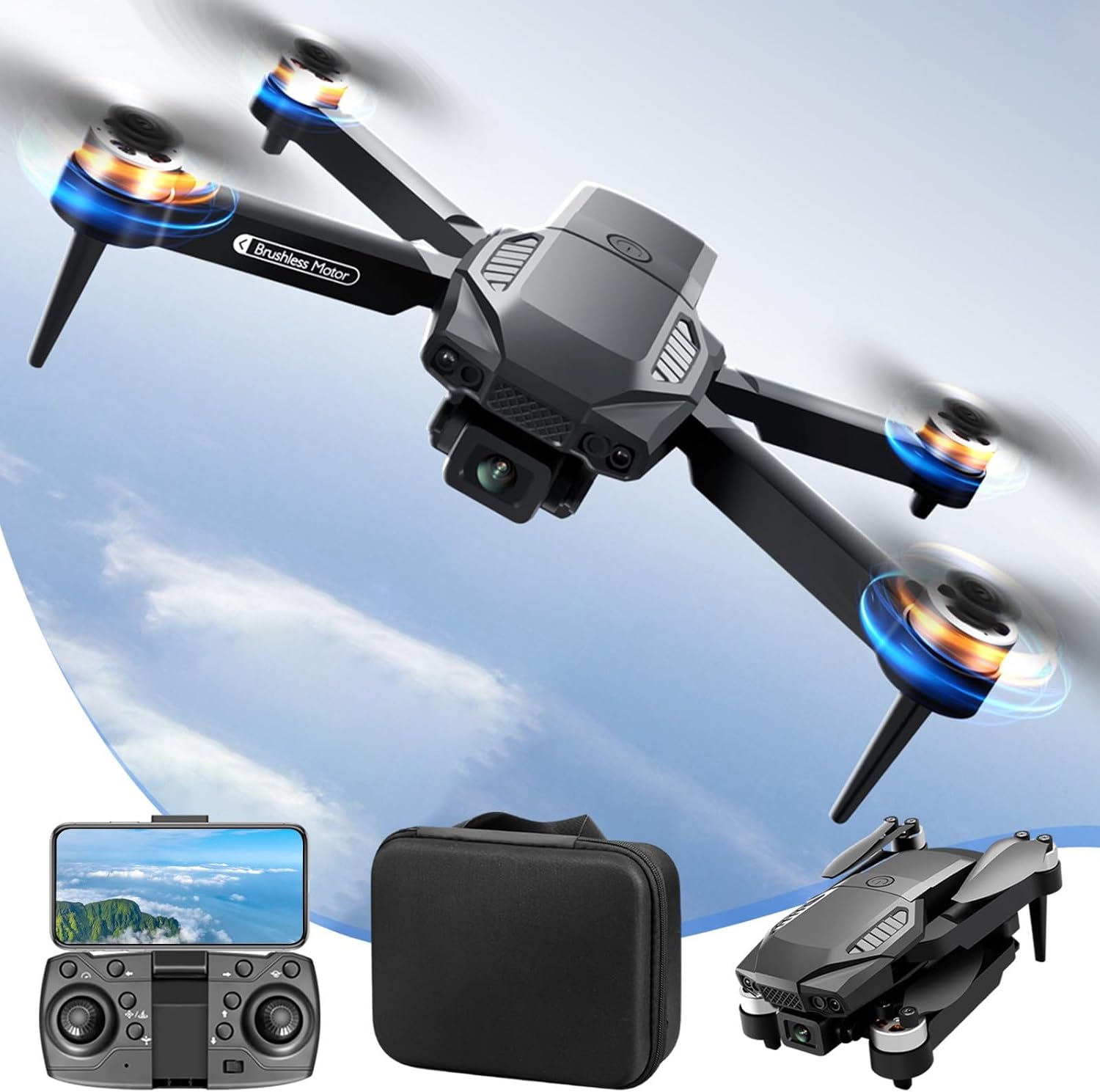 Generic Brushless Motor Drone with 1080P Camera 2.4G WIFI FPV RC Quadcopter Drone with Headless Mode Drone with Camera Drones for Adults Camera Drone Remote Control Drone, Black