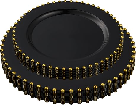 PLASTICPRO 32 Piece Combo Plastic Dinner Plates Disposable Plastic Fancy Heavy Duty Party Dishes 7 inch and 10 inch, Black and Gold Beaded