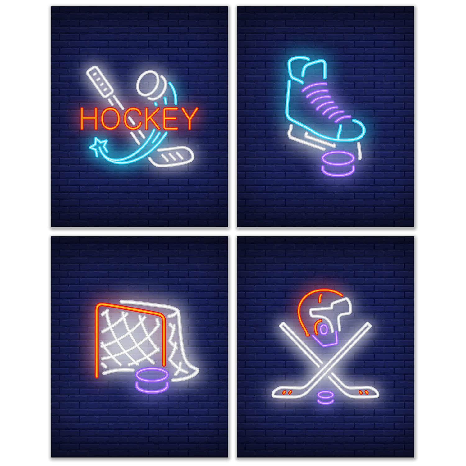 Ice Hockey Neon Wall Art Art Decor Prints - Set of 4 (8x10) Inch Unframed Poster Photos - Kids Boys Girls Bedroom Basement Pictures