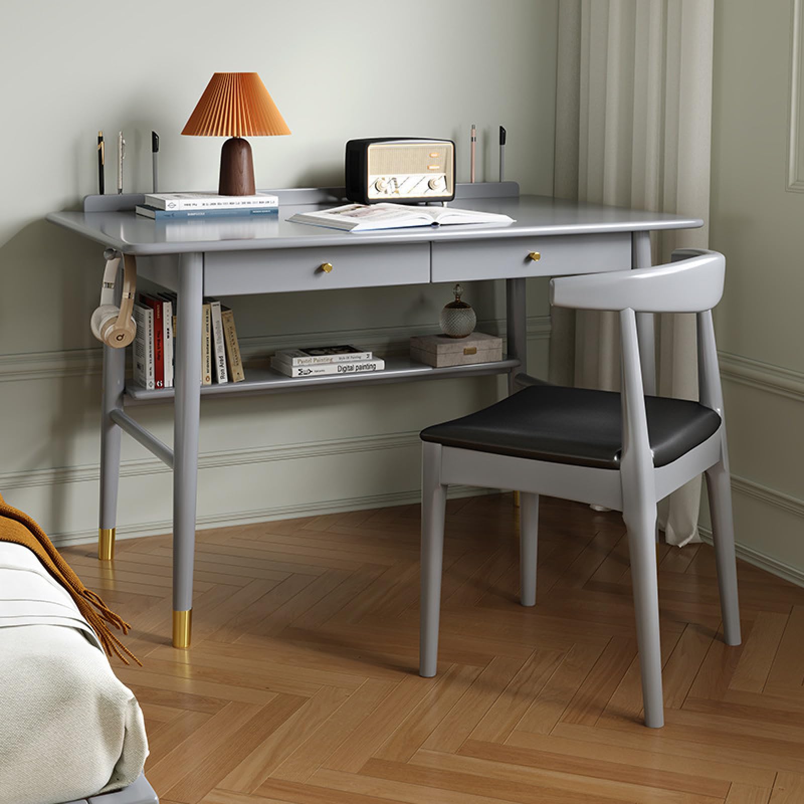 WDSOPK Modern Home Office Desk Mid-Century Walnut Desk with Drawer & Storage Shelf Study Table Computer Workstation - Writing Desk for Work Space（Gray1-100CM）