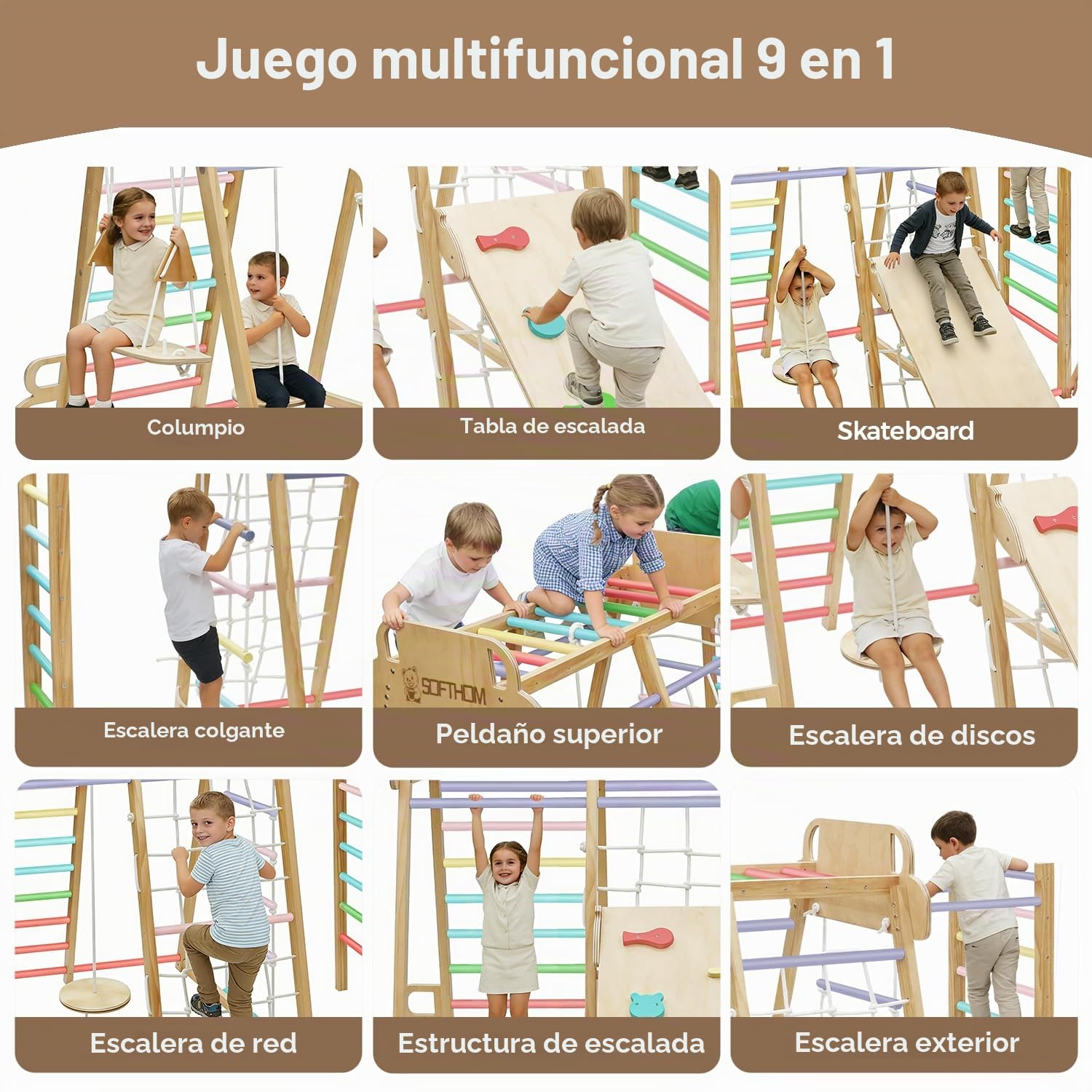 Maxi Estructura de Escalada para Niños, 10 en 1 Montessori Estructura de Escalada, Multifuncional Set de Escalada de Madera, Monopatín, Balancearse, Muro de Escalada, Red de Escalada, Natur