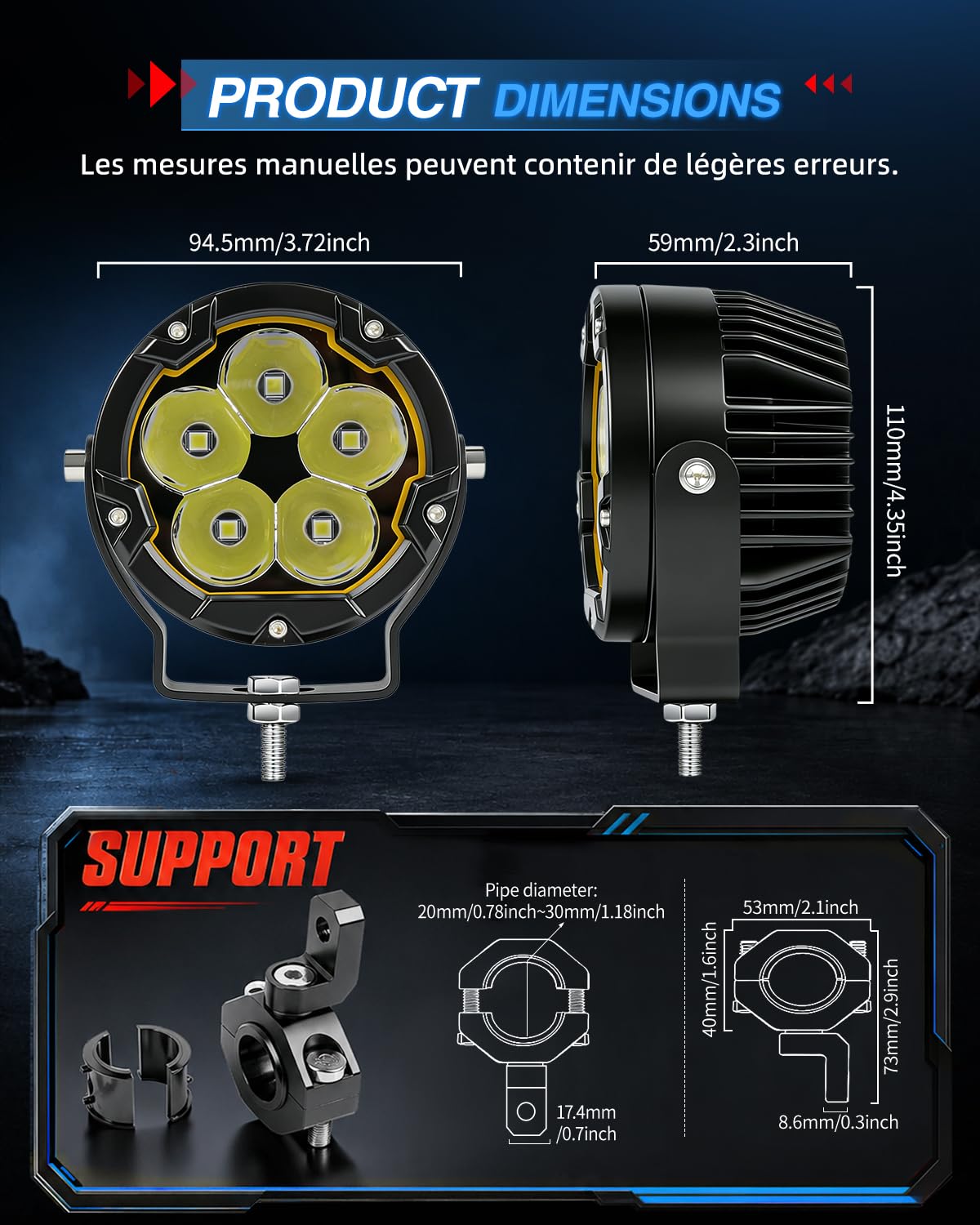 BraveWAY Phares Additionnels Moto 3,7 Pouces 70W 16000LM DRL Ambré Fonction Stroboscopique Faisceau Combin Caches Jaunes/Noirs Supports en U et Tubulaire Harnais de Câbles