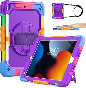 SIBEITU Case Compatible with iPad 9th/8th/7th Generation with Screen Protector Pen Holder, iPad Case 10.2 Inch, Heavy Duty Protection Cover W/Stand Hand Shoulder Strap for iPad A2602 A2197