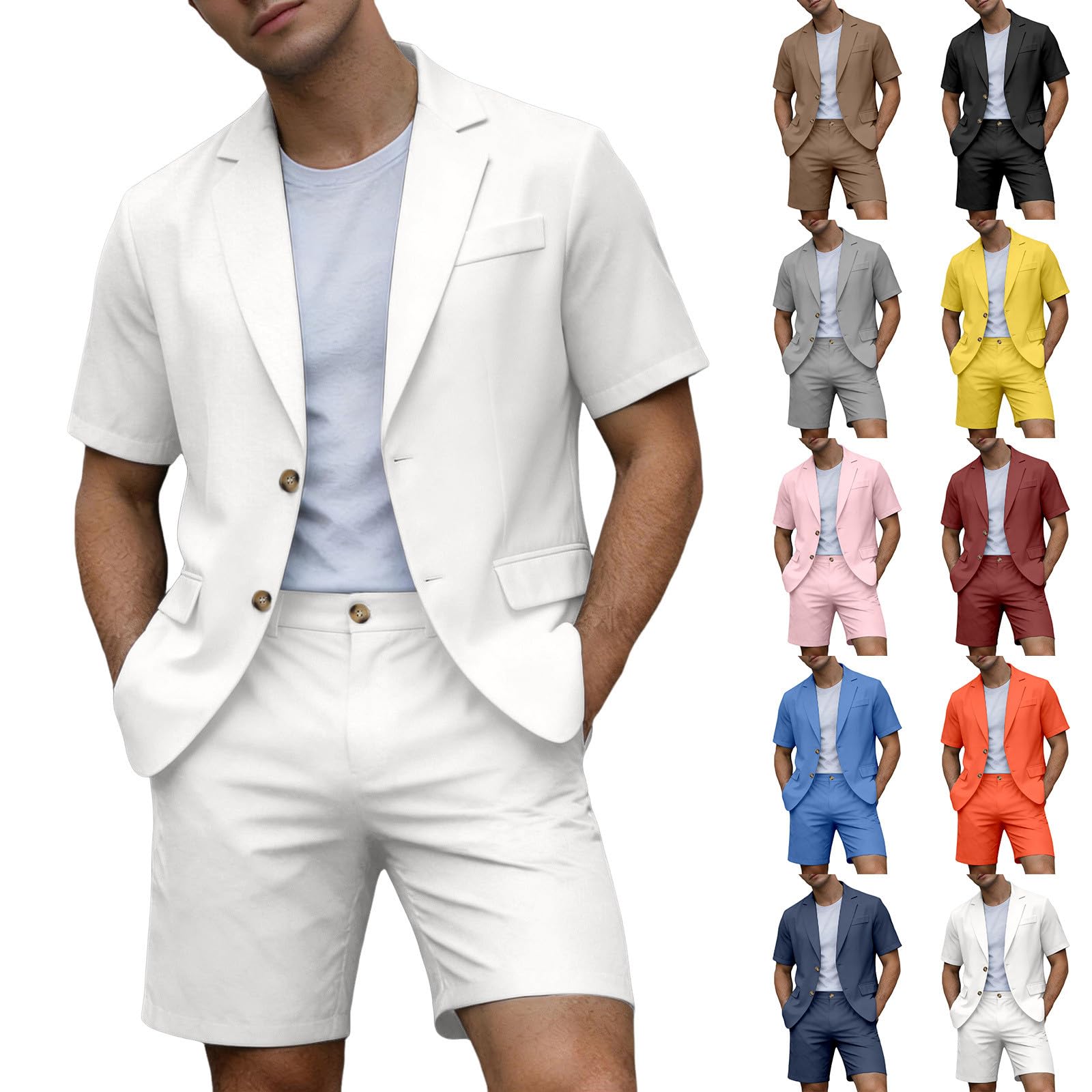 Herren Einfarbig Jacket Shorts Set Leichte Kurzarm Und Shorts Zweiteilig Lässig Sommer Strand Slim Fit Anzüge Business Herrenanzug Anzug Leinenweste Shorts Sommer Outfit Klamotten Sommeranzug