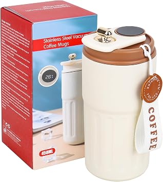 Water Bottle Coffee Flask with Temperature Display, 450 ml Insulated Travel Coffee Mug Reusable Thermal Cups with Leakproof Lid for Hot and Cold Coffee Water