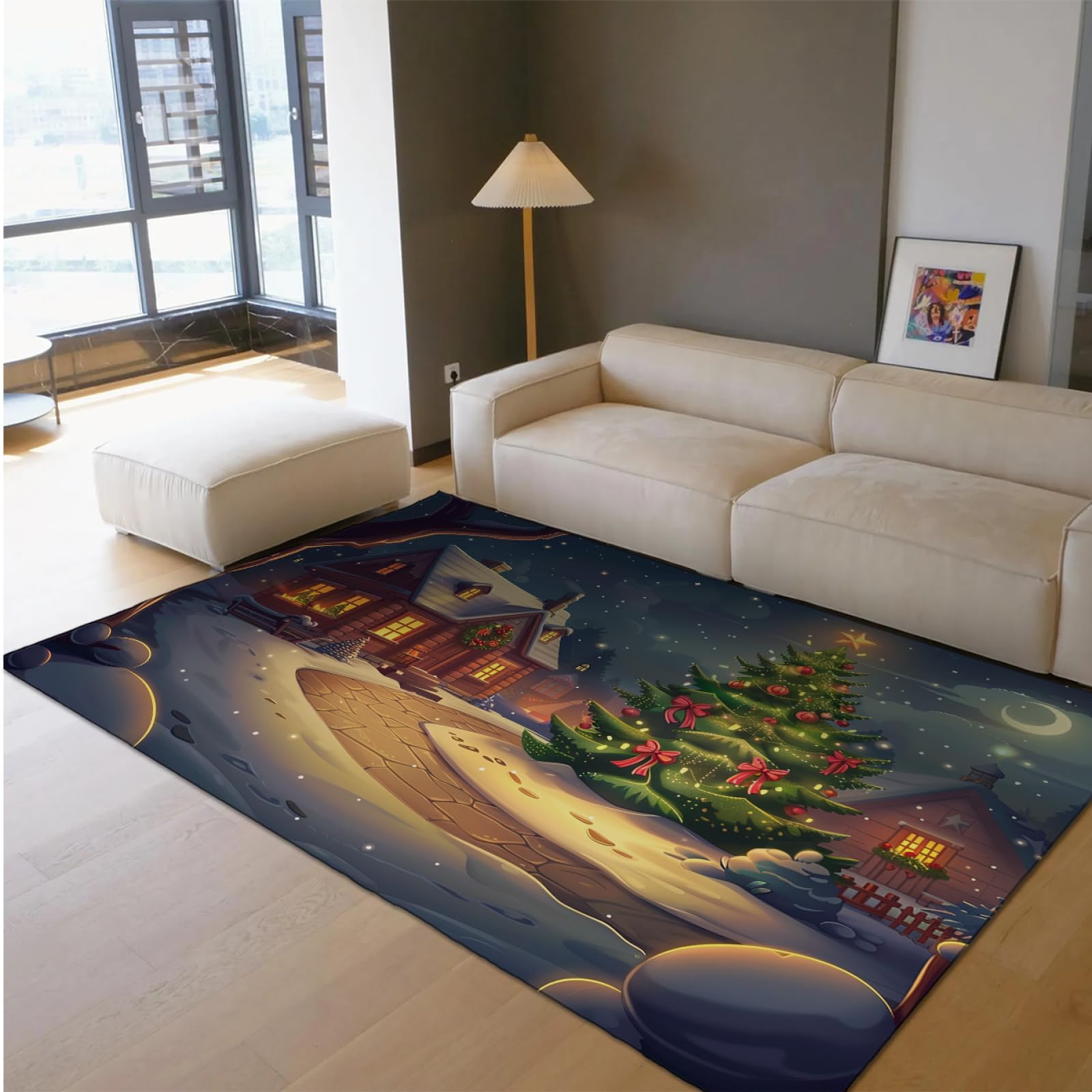 Tappeto a tema natalizio per soggiorno Caldo Neve Casa Cartone Animato Albero di Natale Decorazione Tappeti Lavaggio In Lavatrice Antiscivolo Tappetino Tappeto 150x240cm