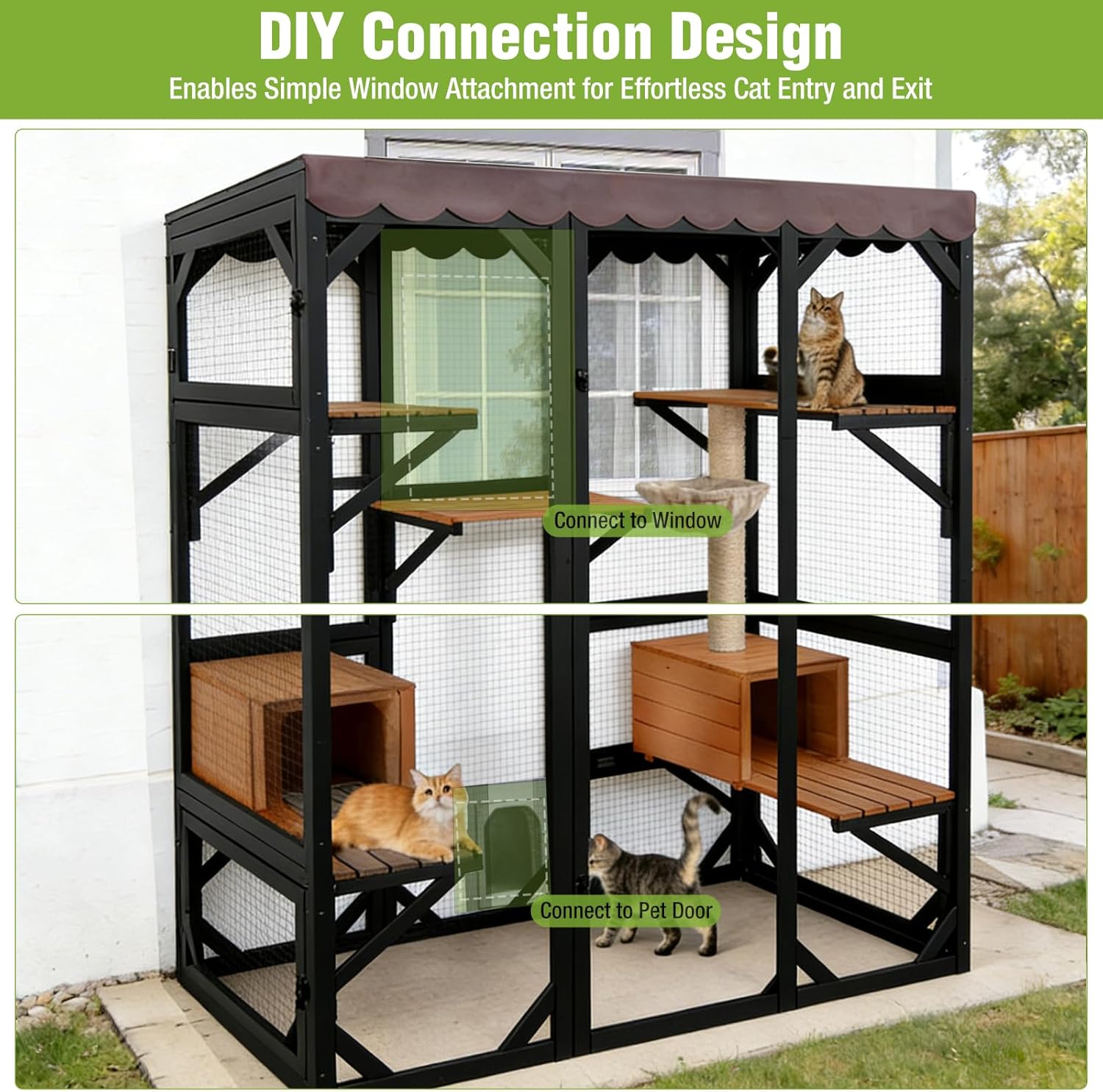 GUTINNEEN 71" Large Wooden Catio Outdoor Cat Enclosure with Scratching Posts, Walk-in Cat House with 6 Platforms & 2 Resting Boxes, Window Access, Weatherproof Roof for 2-6 Cats-Black