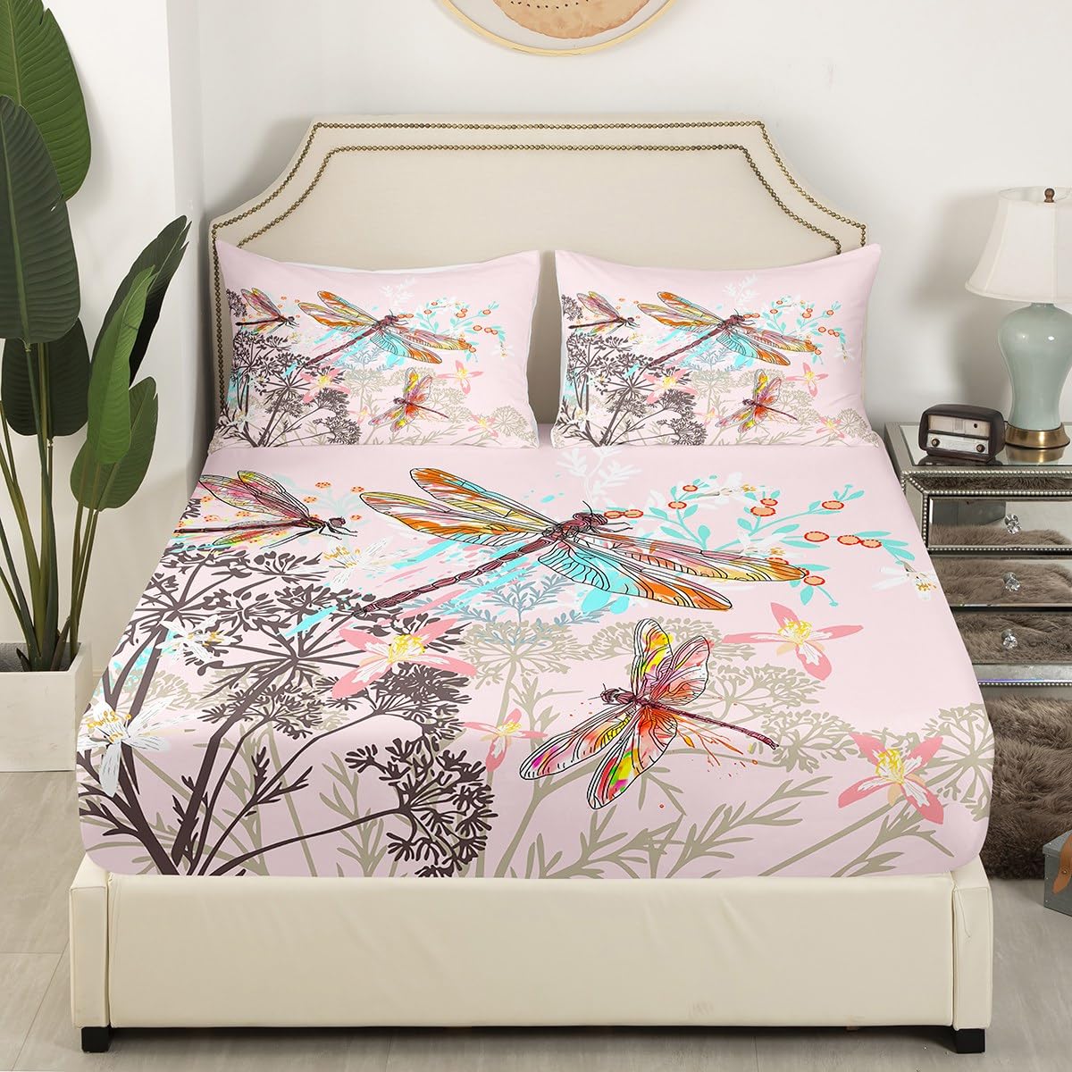 Feelyou Dragonfly Bedding Set Twin Size Botanical Floral Fitted Sheet Set for Kids Girls Teens Women Bedroom Decor Nature Animals Branches Bed Sheet Set Pink
