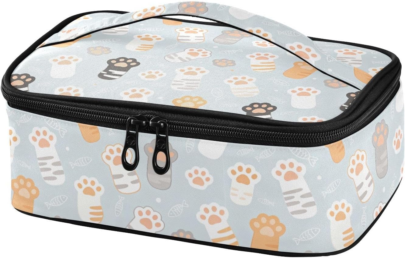 Kids Lunch Bag for Boys Girls Insulated Lunch Box Reusable Flat Tote Bag for School and Daycare，Kawaii Cute Cats Footprint