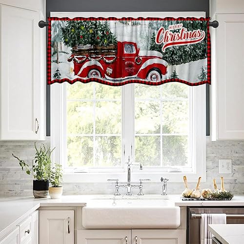 Miniatura 3 de Cenefa de ventana de camión rojo de 54 x 18 pulgadas, diseño de bosque de invierno, nieve, hogar, cocina, comedor, decoración, suministros de tela