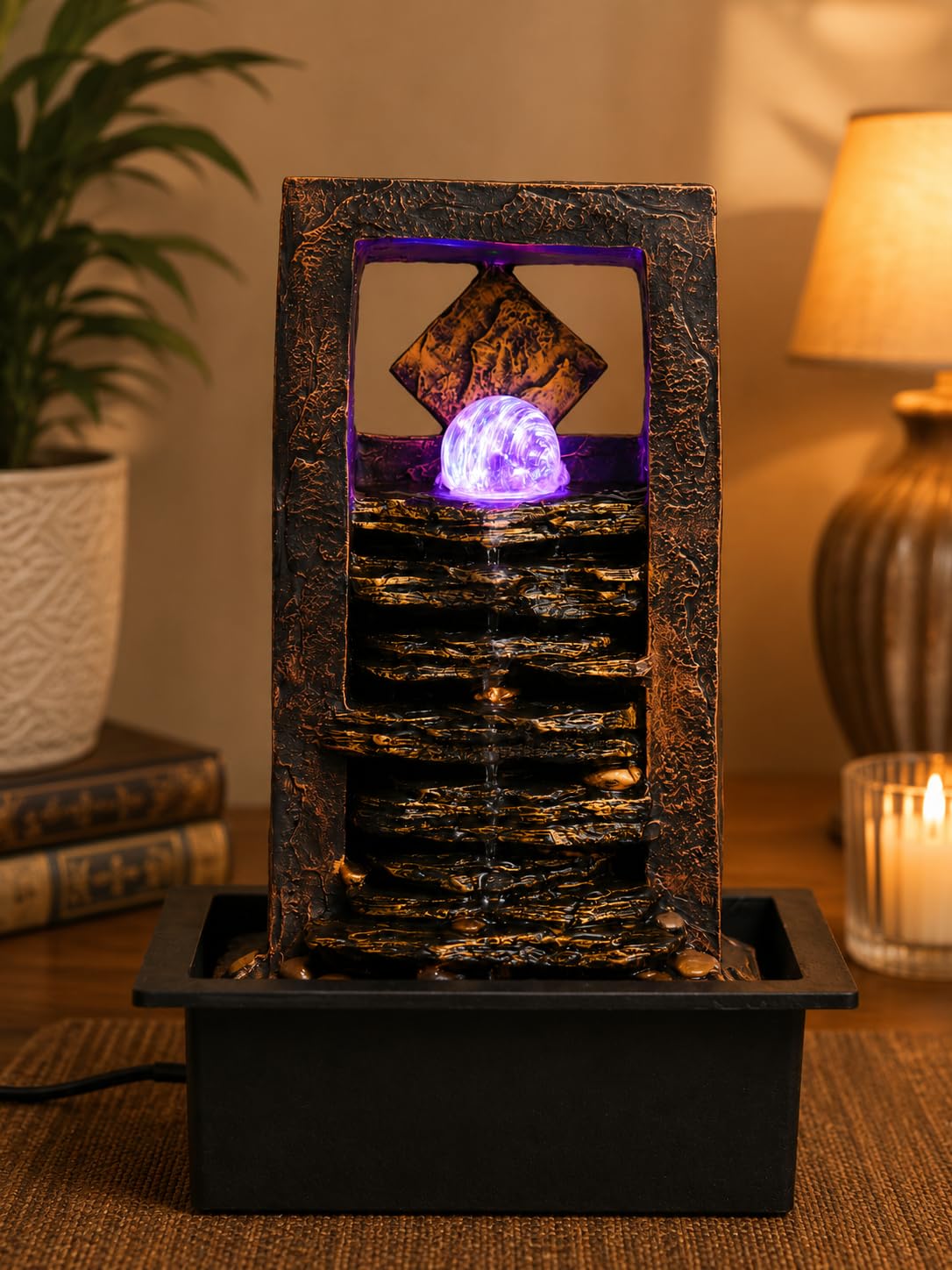 CHRONIKLE Polyresin Golden Brown Table Top Indoor Waterfall Fountain for Home Decor with Yellow LED, Speed Controller Pump & Crystal Ball (Size: 40.5 x 29.5 x 22CM | Weight: 2240grm)-image-3