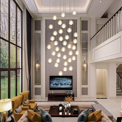 Miniatura 9 de KJLARS Lámpara de araña de cristal LED moderna lámpara colgante de gota de lluvia lámpara de techo de bola de cristal 26 luces para escalera sala de