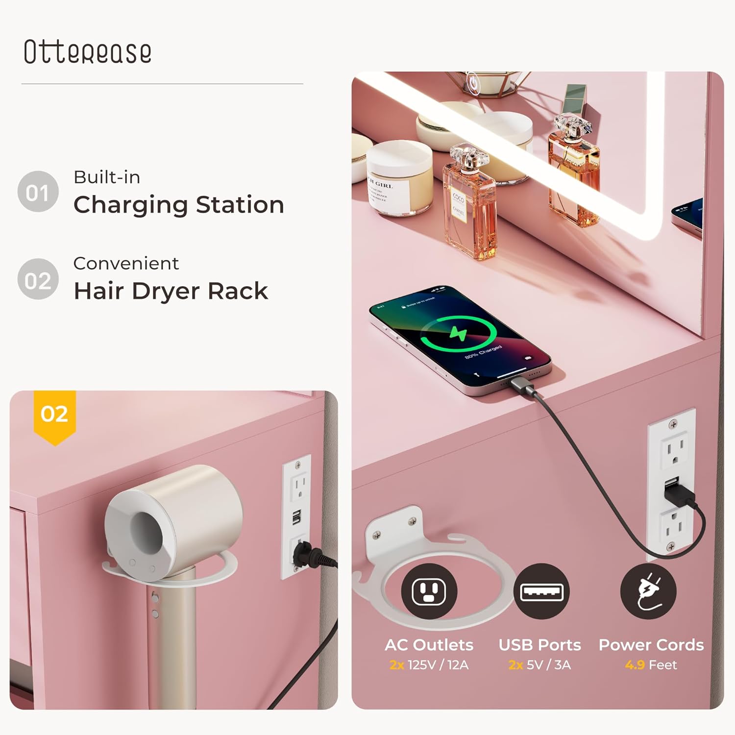 Close-up view of the built-in charging station with two power outlets and two USB ports, and the hair dryer rack on the side of the vanity.