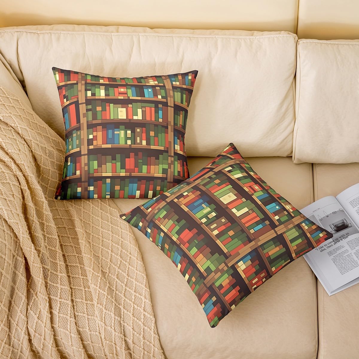 Pixelated Bookcase Kids Throw Pillow Cover,Bookshelf Building Block Gaming Double Sides Pillow Case,Video Games Gamepad Home Decor,Brown Bed Couch Sofa Cushion Cover,4 Pack 20"x20" image 4