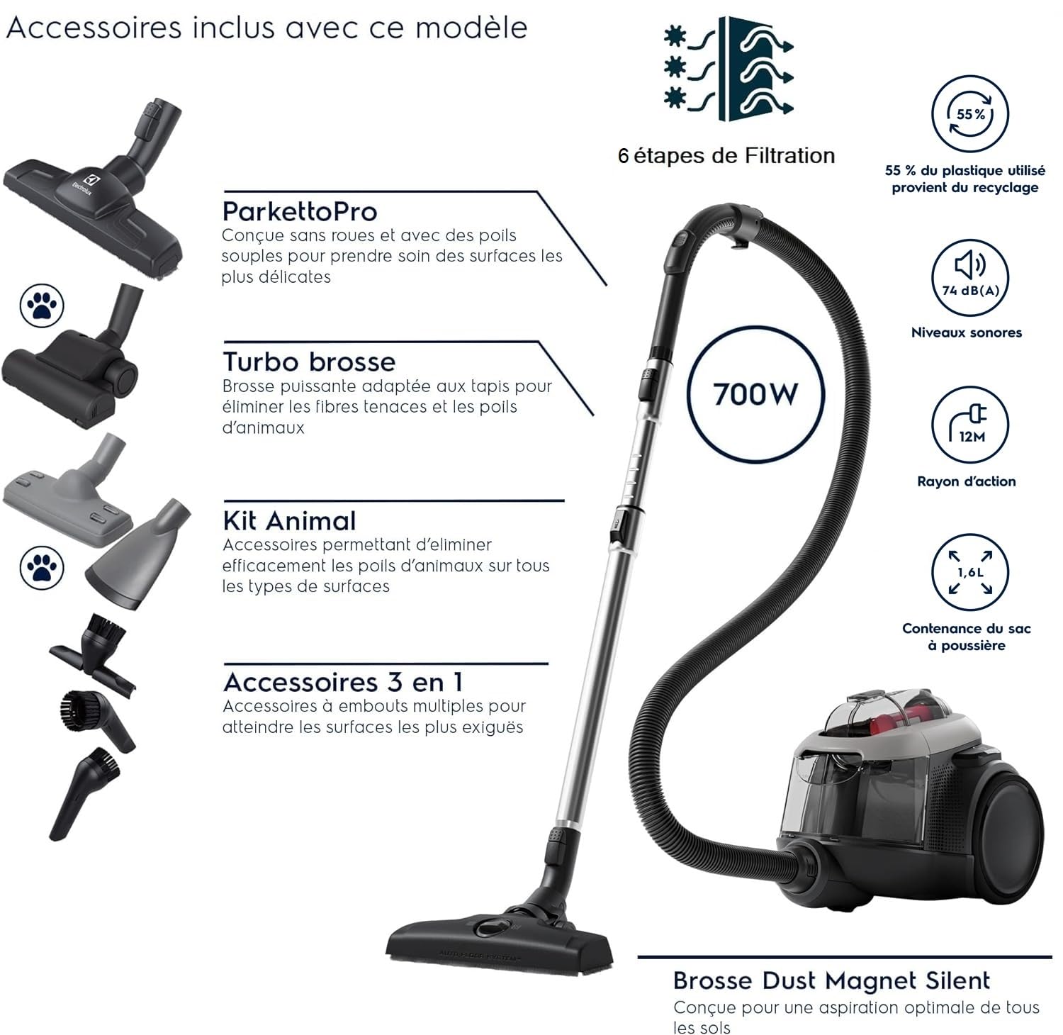 Electrolux Animal 600 EL61A4UG, Aspirateur Traineau sans Sac, Accessoires Poils d'animaux, 6 étapes de Filtration, Gain de Place, Technologie Cyclonique, Gris