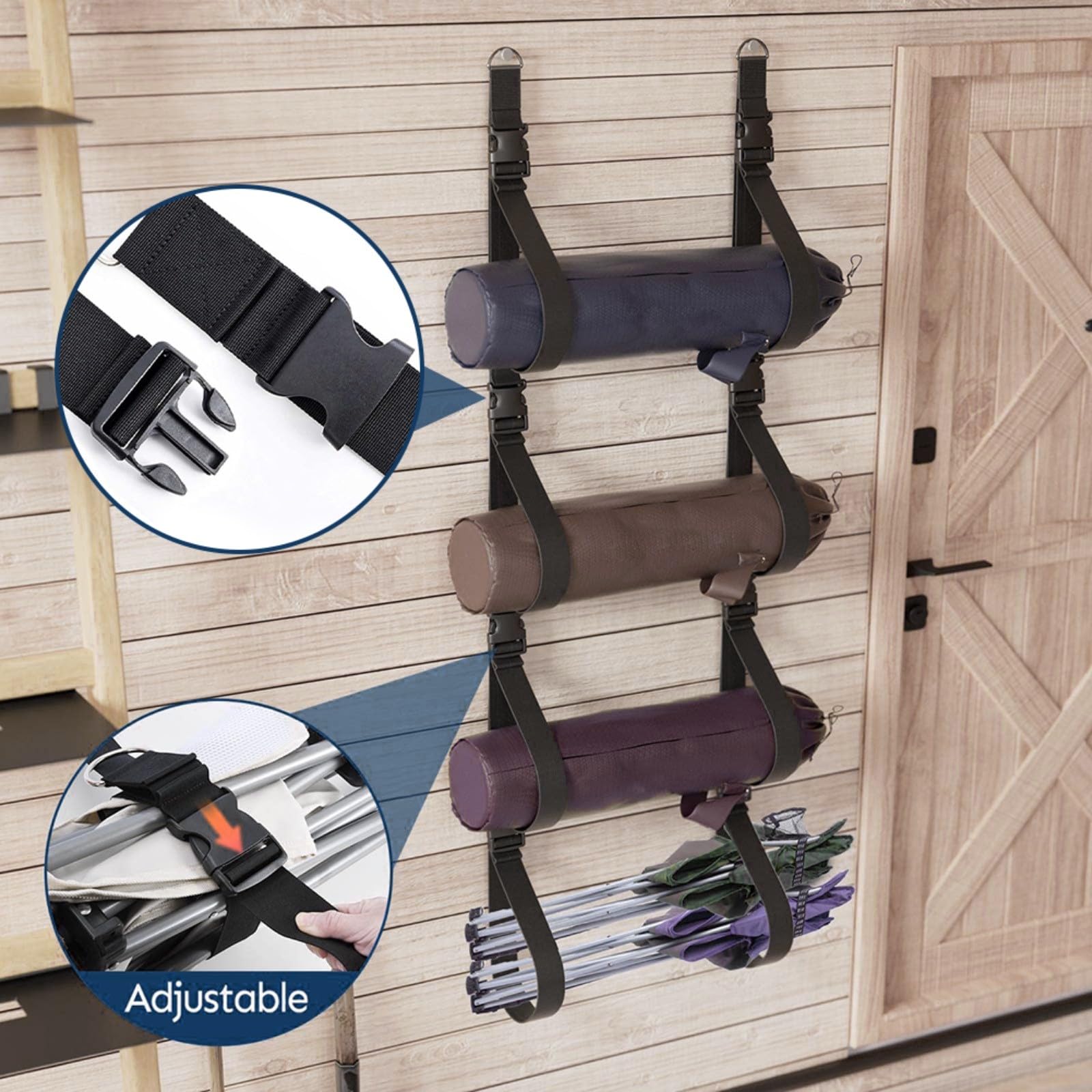 Sistema Di Cinghie Porta Oggetti Da Parete Per Garage - Organizer Regolabile Per Sedie Da Campeggio, Tende, Tappetini Yoga (2 Cinghie Da 167 Cm) - 2