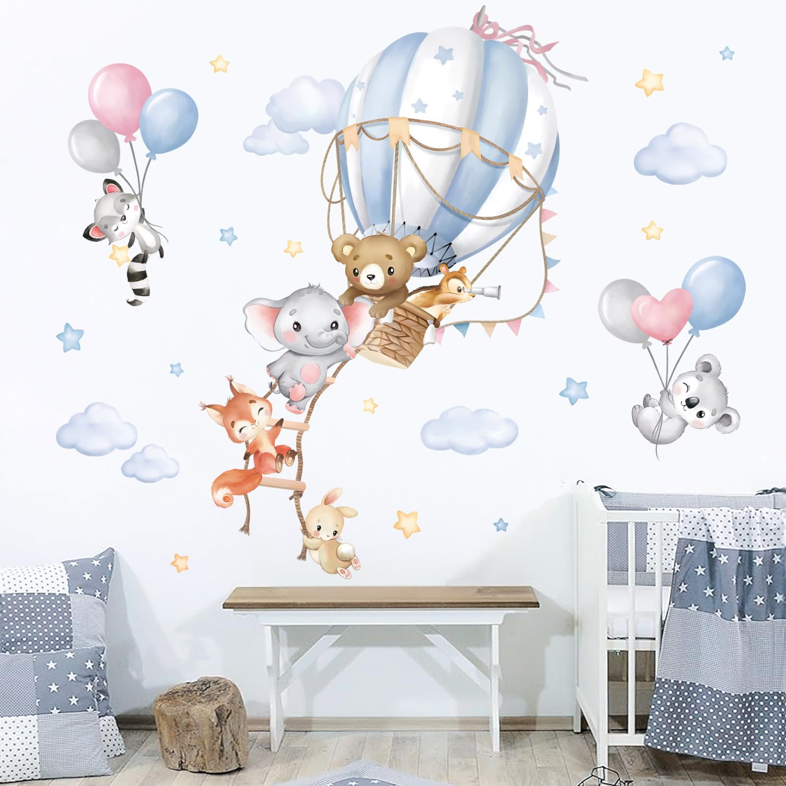 wondever Adesivi Murali Bambini Mongolfiera Grande Animali Sticker da Muro Palloncino Elefante Orso Volpe Adesivi da Parete per Asilo Nido Camerette Bambini Ragazze