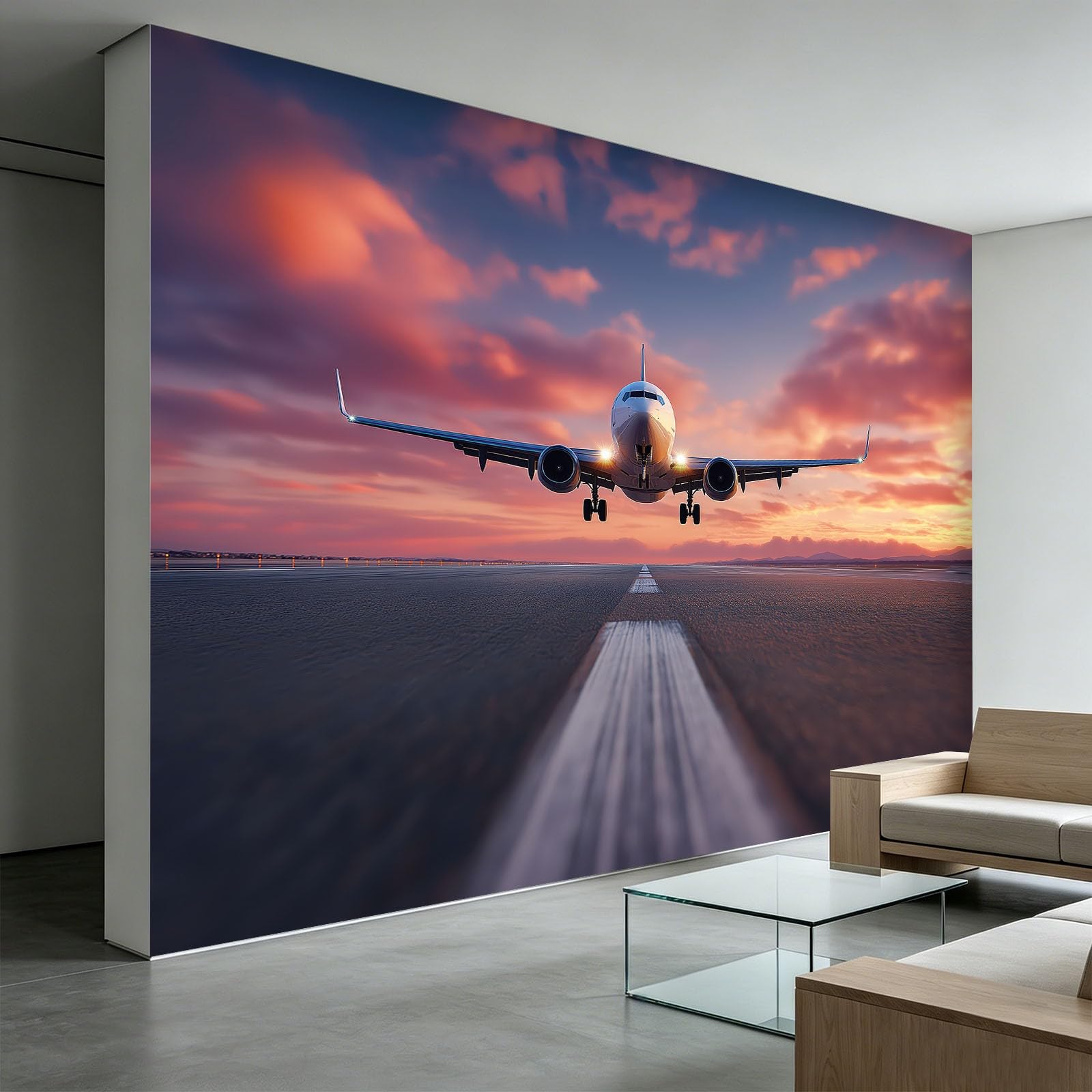 Fototapeta, zachód słońca, samolot, 350 x 256 cm, flizelina, do pokoju chłopca, biura podróży, biura, realistyczna tapeta, mural ścienny, dekoracja