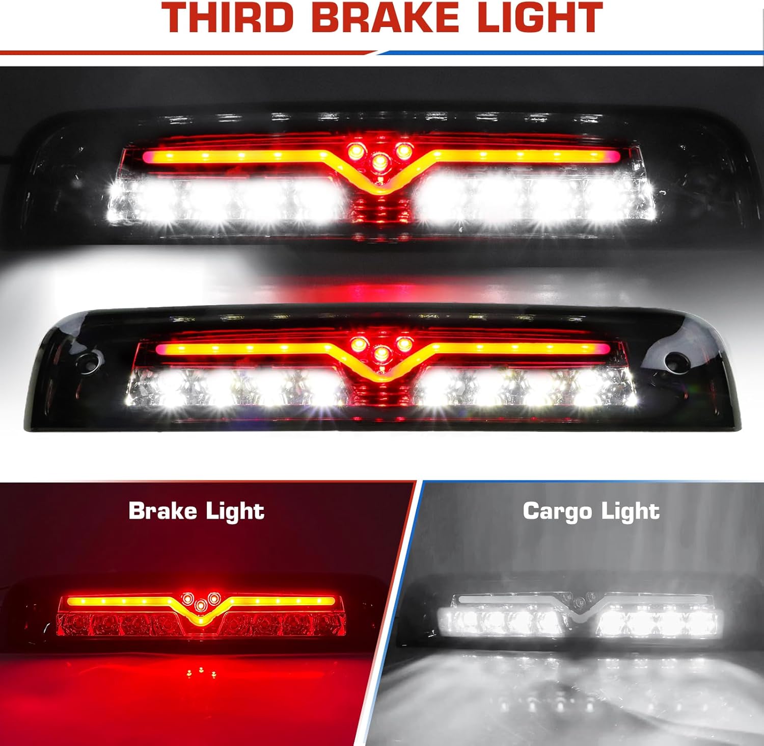 (3 Pack)LED Taillight Assembly 3rd Brake Light for 2009-2018 Dodge Ram 1500 2010-2018 Ram 2500 3500 Chrome Smoke Lens Only Fit factory Halogen/incandescent Model and Without Projector Headlights Model