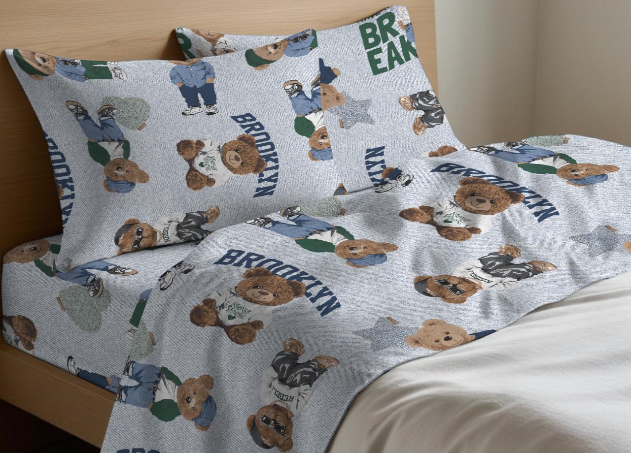 BIANCHERIAWEB Completo Lenzuola Letto in 100% Cotone Made Italy Disegno Teddy Francese Azzurro