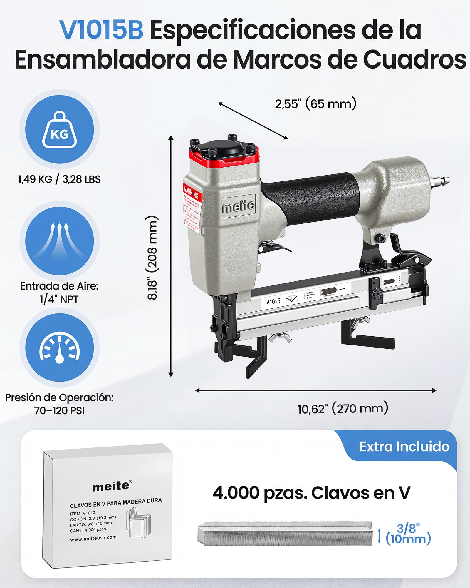 meite V1015B Clavadora Neumática en V para Marcos de Fotos, Ensambladora Neumática de Marcos, Compatible con Clavos en V de 7–15 mm