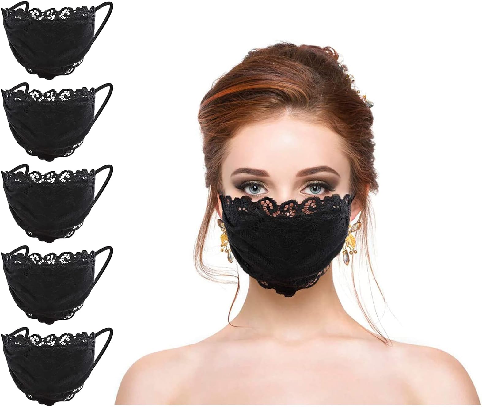 Women Girls Lace Black Mask With Flower Embroidery Adjustable Earloops Breathable 2 Layers For Beauty Skin Care