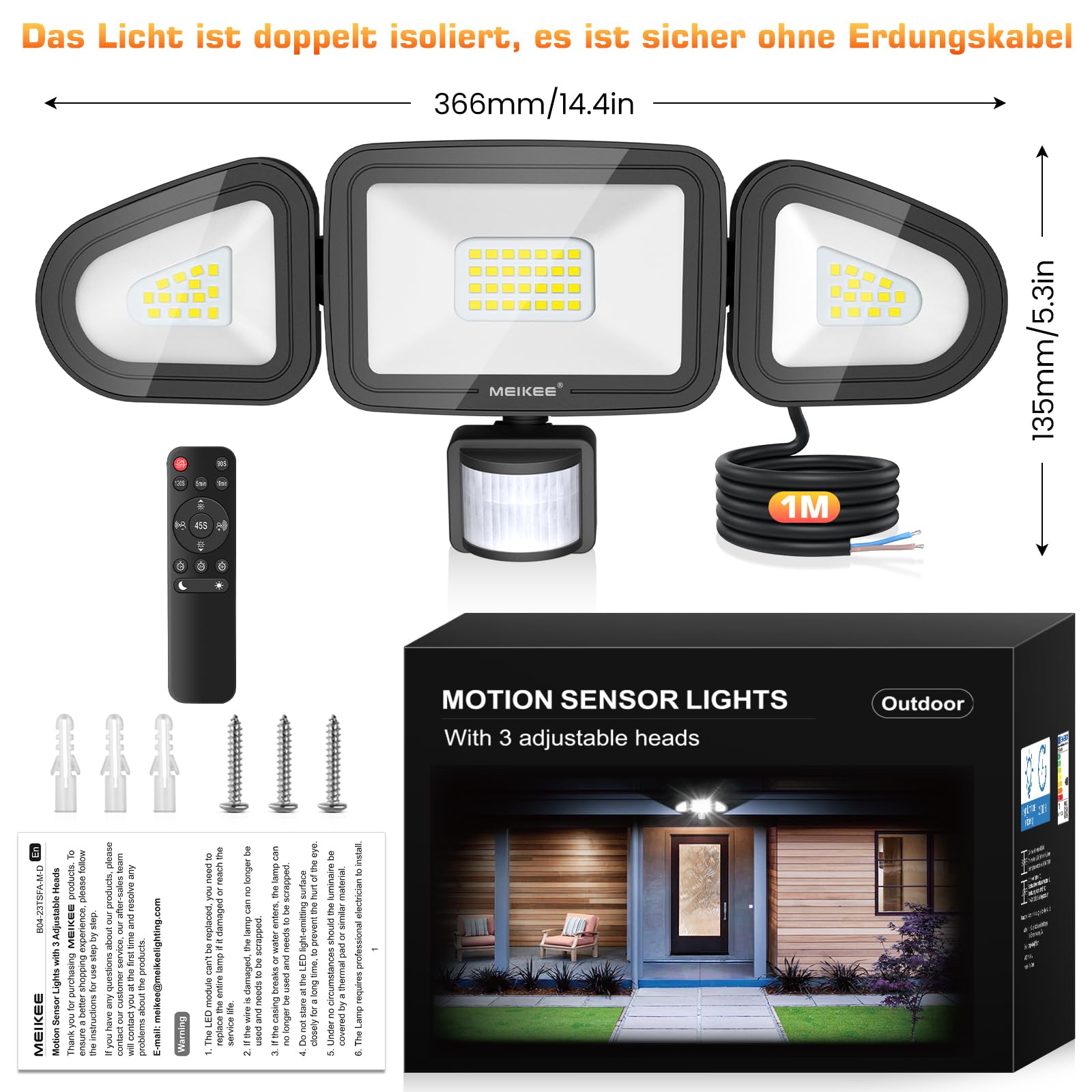 MEIKEE 42W Reflektor LED z czujnikiem ruchu, 400-3600LM, 6500K, 3 tryby, 10 poziomów jasności, wodoodporny IP66, oświetlenie punktowe led Z pilotem, trzygłowicowy, regulowany o kącie 180°