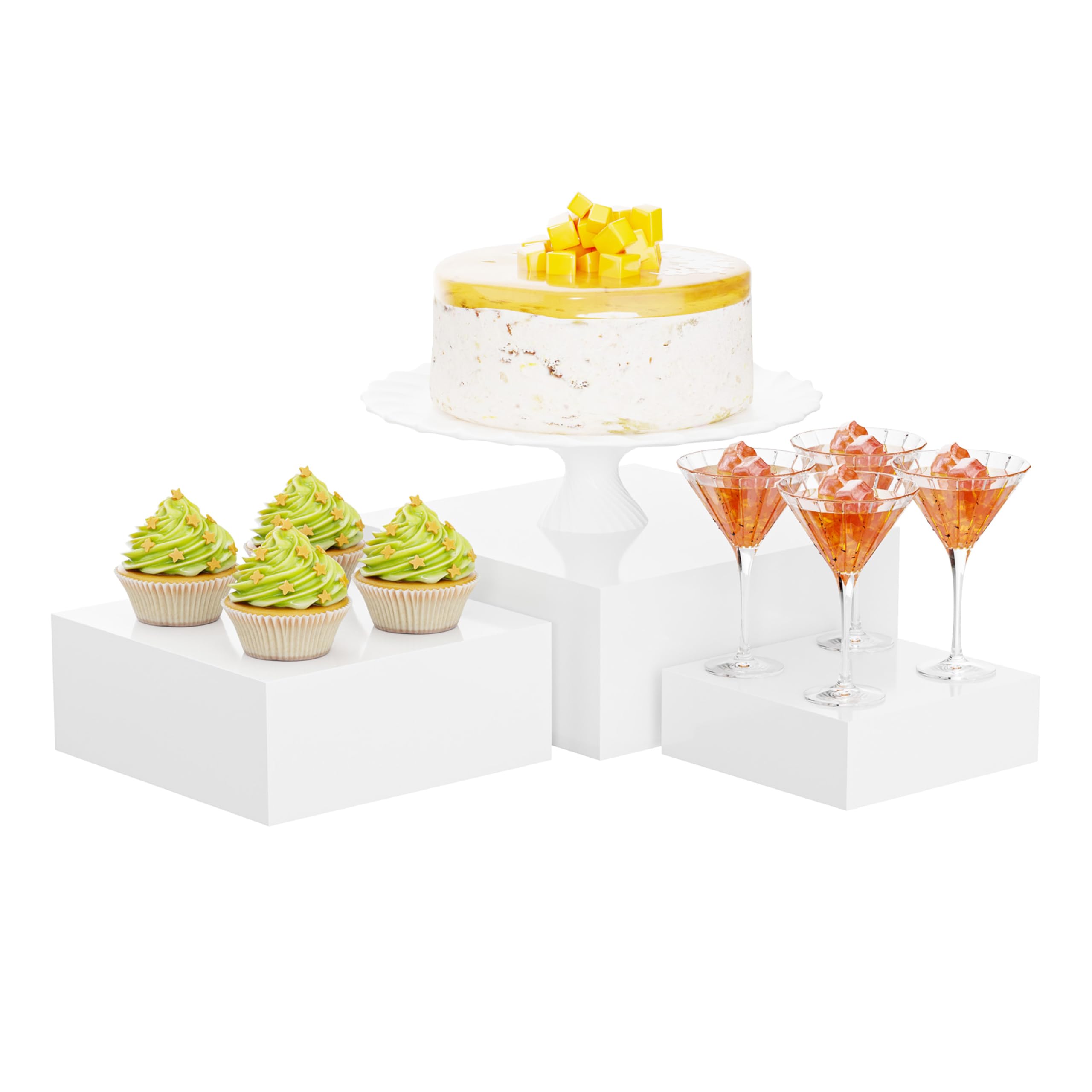 Photo 1 of YFEEN 3 Pack Acrylic Cube Risers Acrylic Boxes for Food Buffet Risers Decorative Stands 6IN To 10IN with Hollow Bottoms 3 Sizes for Party Catering Dessert (White)