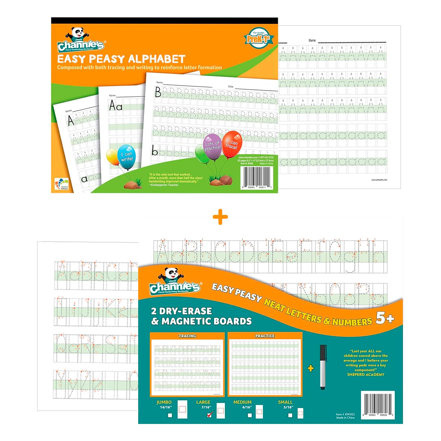 Channie’s Easy Peasy Alphabet Handwriting Workbook + 2 Easy Peasy Dry-Erase Neat Numbers & Letters Tracing Magnetic Boards for Pre-K - 1st Grade,