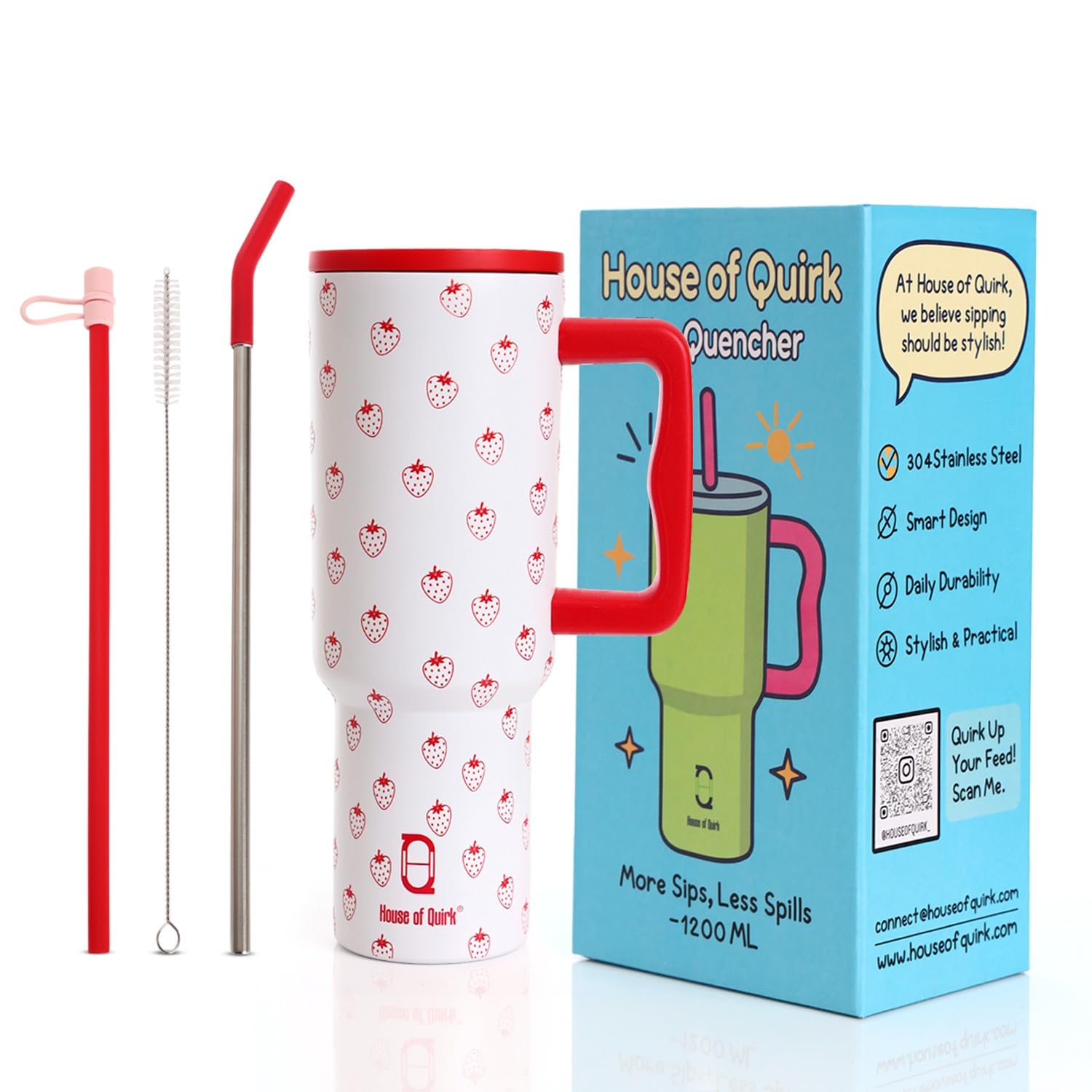 House of Quirk 1200ML Stainless Steel Tumbler with Handle & Lid, 2 Straws – Large Travel Mug Water Cup for Gym, Office & Outdoor Use (Strawberry)