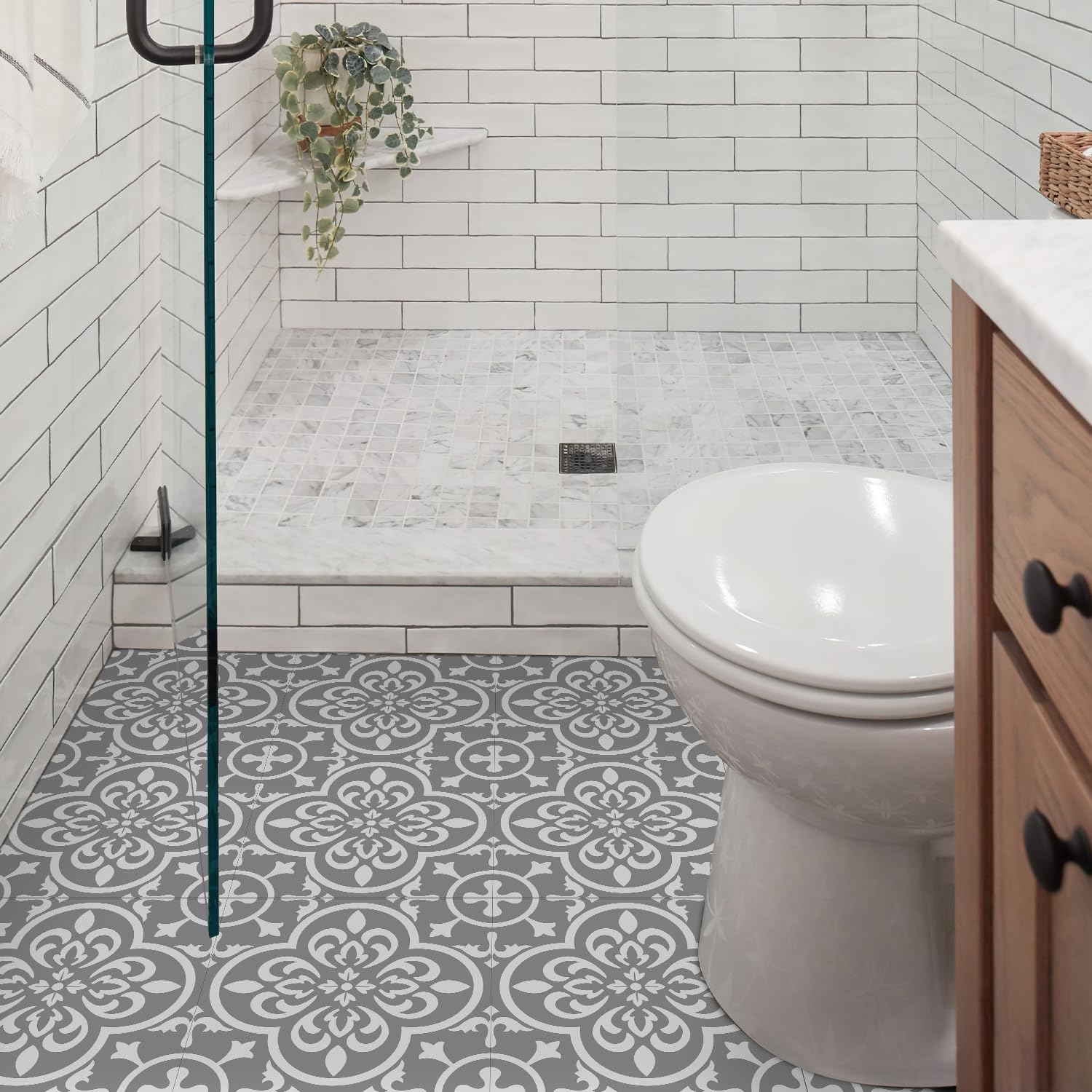 Alwayspon 24Pcs 20x20cm Thickened Vinyl Floor Tiles Sticker, Peel and Stick Waterproof Backsplash Sticker Wall Tile Stickers for Kitchen Bathroom, T046
