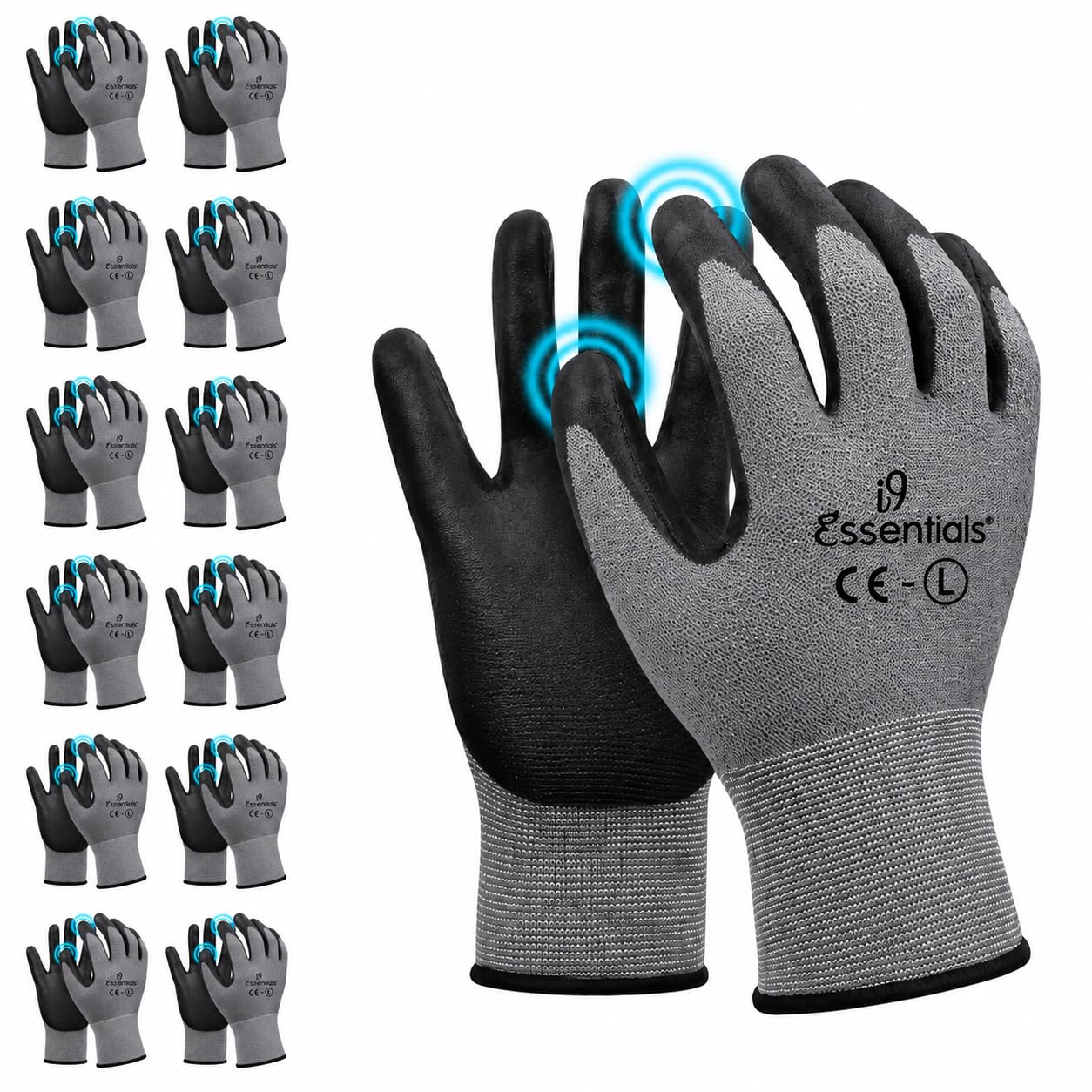 Guantes de trabajo recubiertos de nitrilo con pantalla táctil de micro espuma de elastano, guantes de trabajo de mejor agarre, negro y gris (grande), 12 pares
