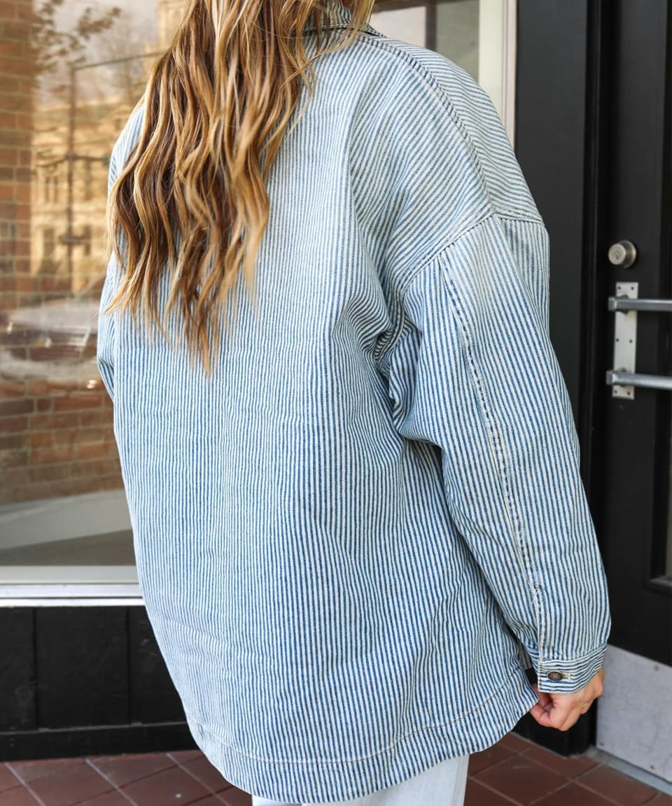 Kedera Women's Striped Denim Jackets Casual Long Sleeve Fall Jean Outfits Boyfriend Denim Coat with Pockets - Image 7