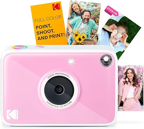 KODAK Printomatic+ Cámara digital de impresión instantánea (rosa) de 10MP portátil con indicador de estado LED RGB interactivo, imprime fotos a todo