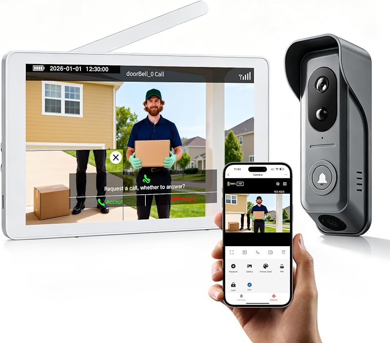 WiFi Dual Cameras Video Doorbell with Monitor, Wireless Video Intercom System with 8-inch Touchscreen, PIR Motion Detection, Local Storage, NO Subscription, Tuya APP Remote Control