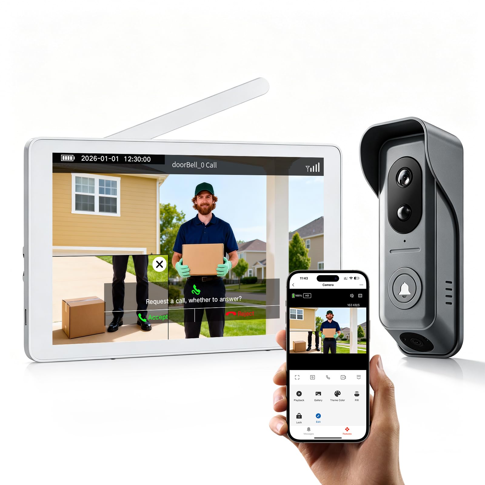 WiFi Video-Türsprechanlage, kabellos, mit Touchscreen, 8 Zoll, wasserdicht, Türklingel mit Doppelkamera, kein Abonnement, Bewegungserkennung, App-Steuerung
