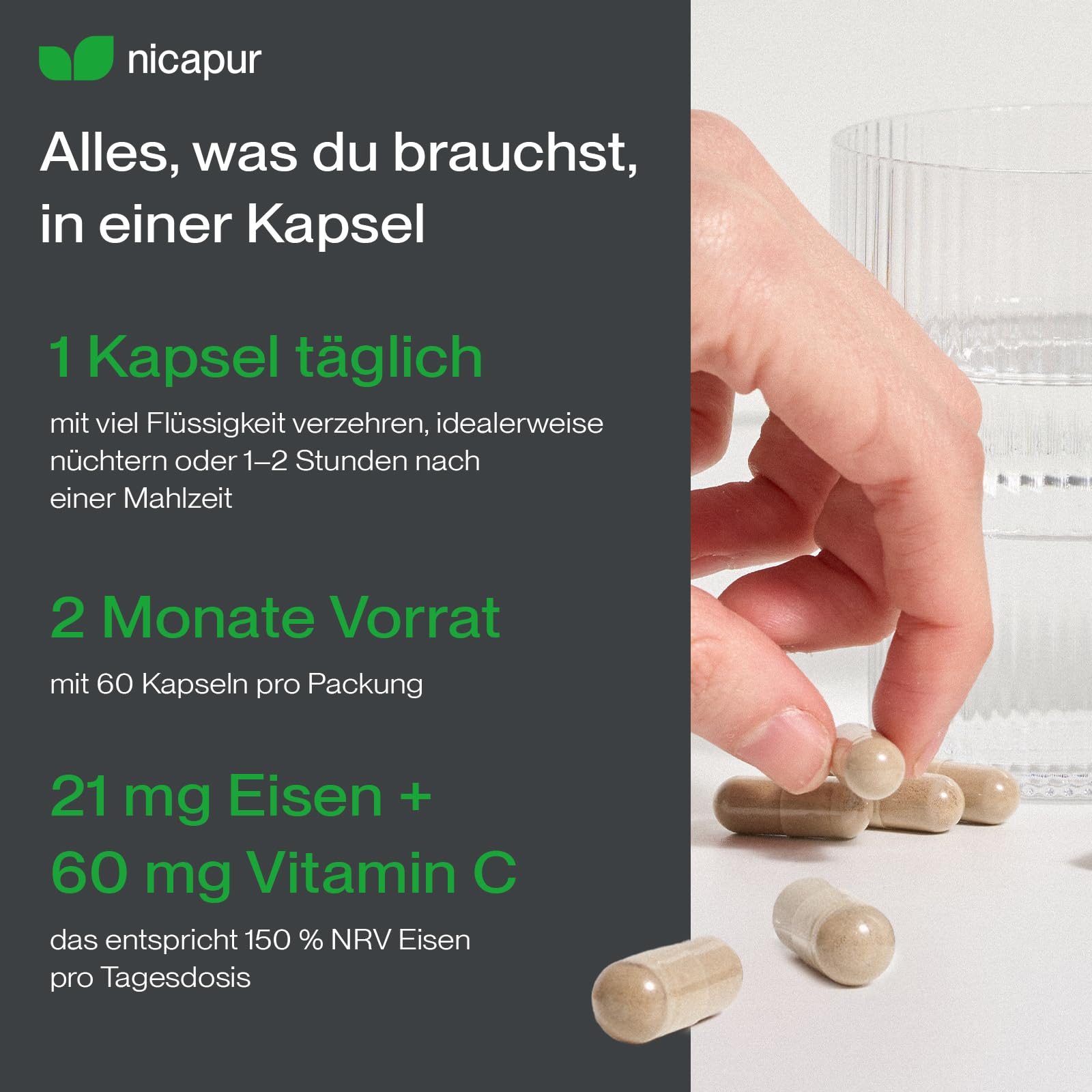 nicapur Ferroverde 21 – 21 mg hochdosiertes Eisen mit Vitamin C aus roter Acerola – 60 Kapseln, vegan, laktosefrei & laborgeprüft