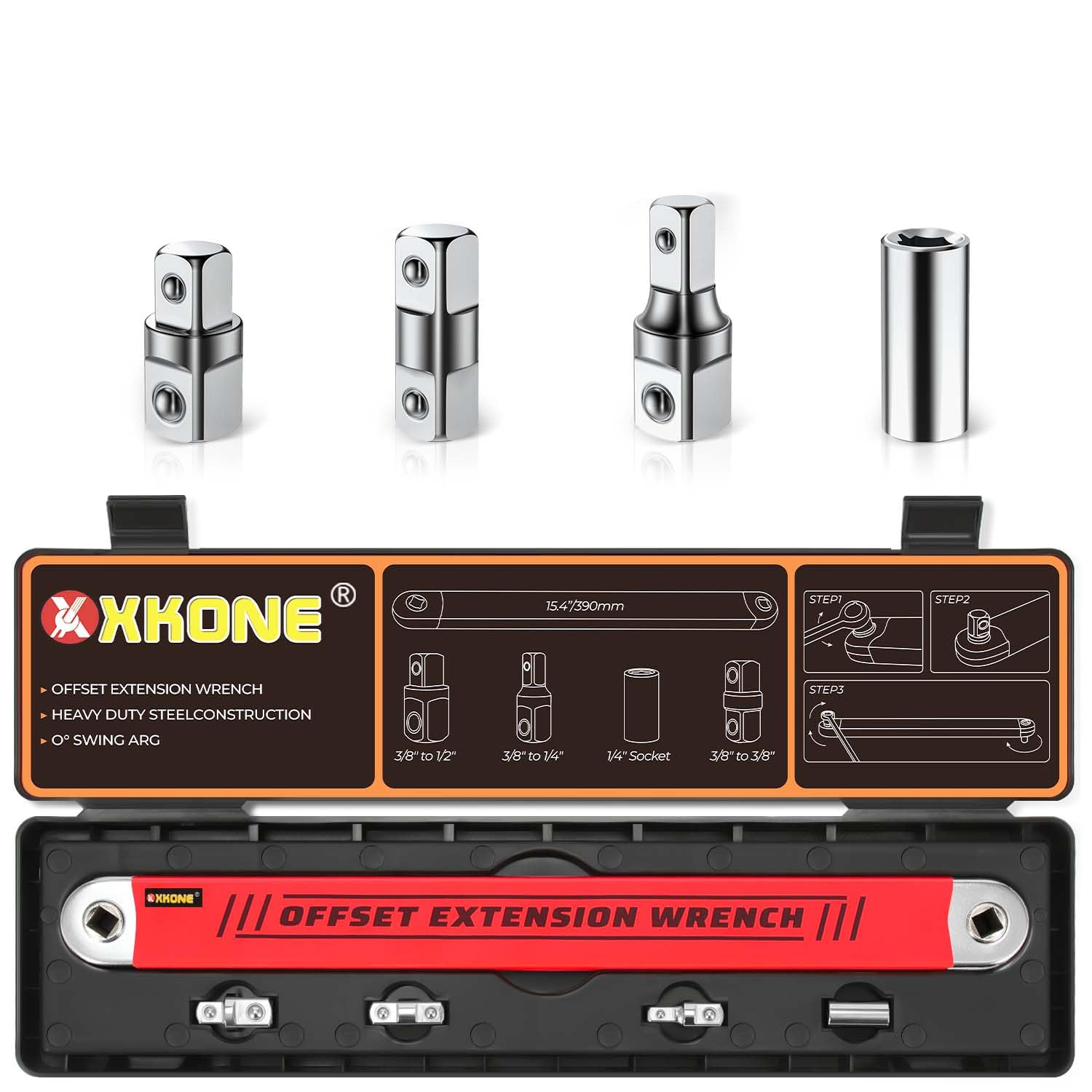 XKONE Offset Extension Wrench Set,3/8" Drive Wrench with 1/4",3/8",1/2" Square Drive Adapters and 1/4" Socket for Tight Spaces.
