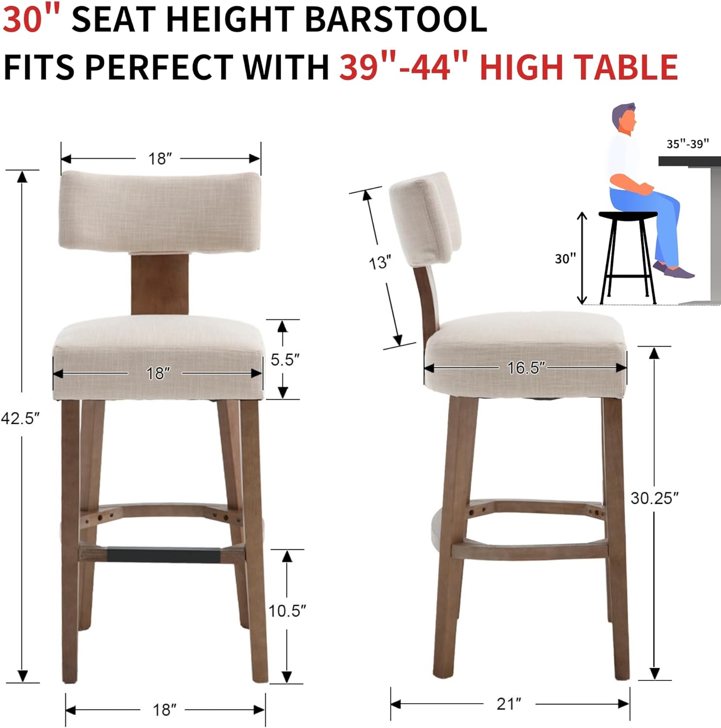 30” Bar Stools Set of 4 Counter Height Bar Stools Modern Kitchen Barstools with Back and Solid Wood Legs, Farmhouse Upholstered Island Chairs Countertop Bar Chairs, Beige Seat 30 inch, 4 Bar Stool Beige, Linen
