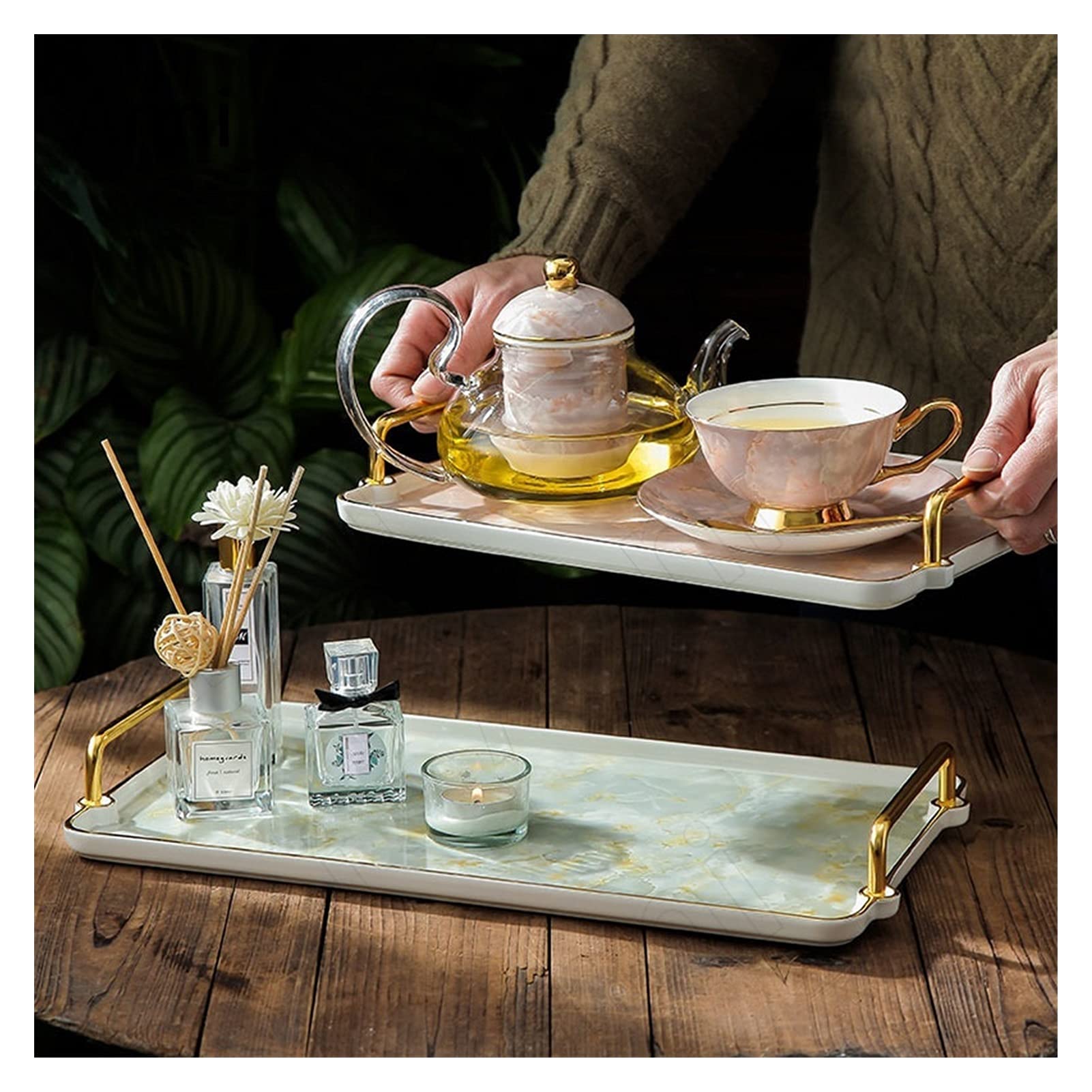 Bandejas Bandejas de Almacenamiento de cerámica Pintura Moderna Americana Placas de té Placas de Postre Joyería Joyería Cosmética Pantalla Bandeja Tray (Color : A-39x22cm)