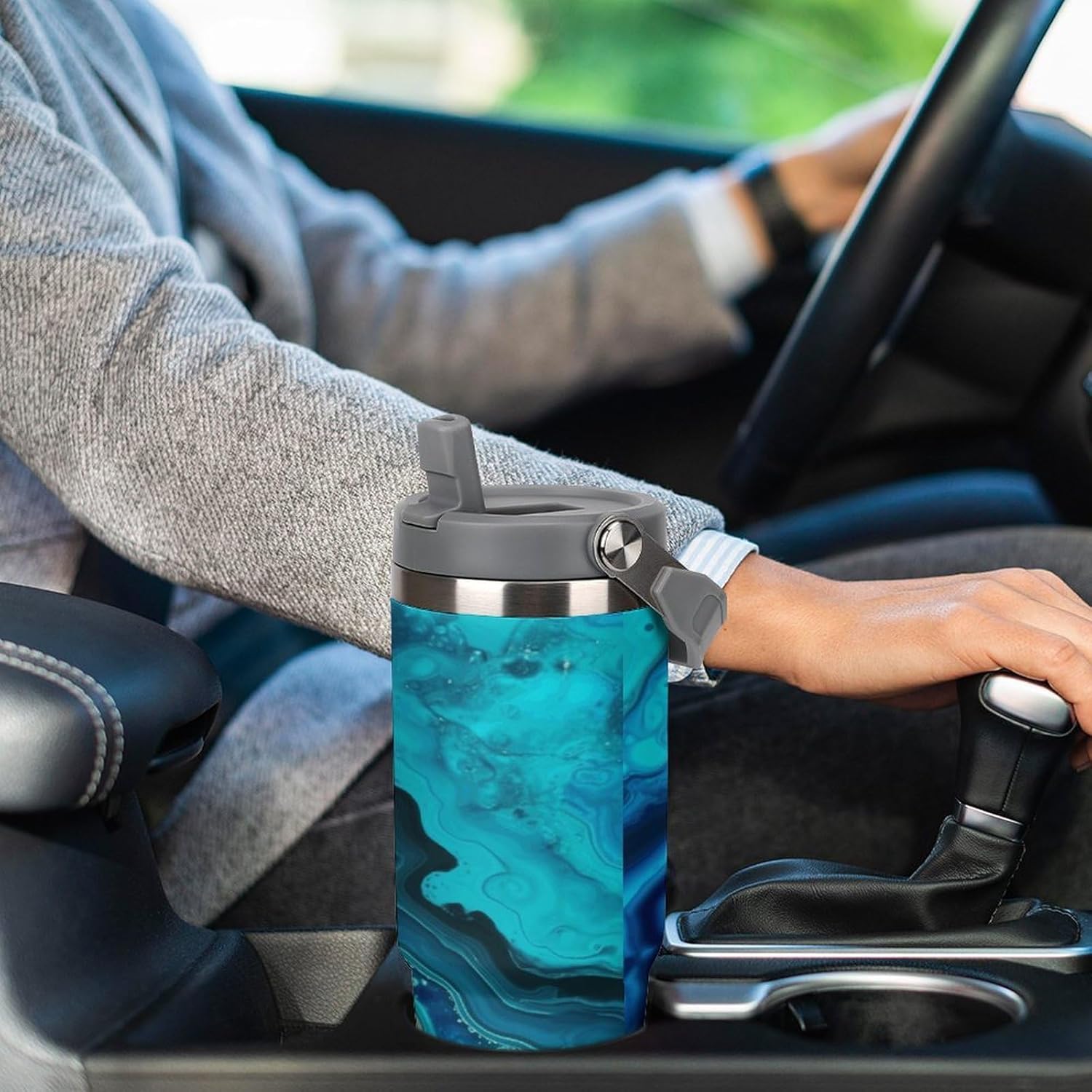 Bright Aqua Blue Turquoise Water Bottle 30 Oz Fits Car Cup Holder,Insulated Coffee Mug Large Capacity Car Cups,Stainless Steel Double Wall Sport Bottle for Travel Sports Gym