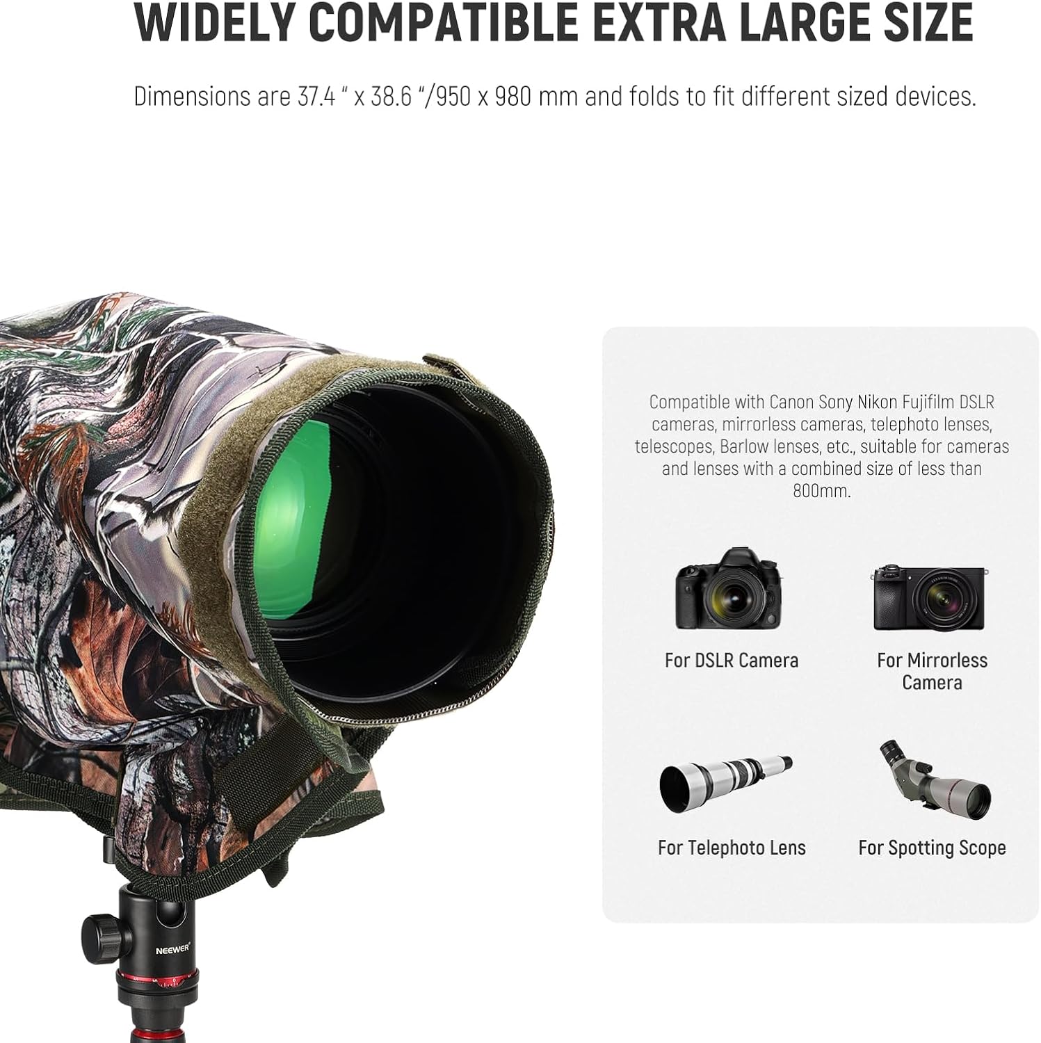 NEEWER PB019 Camera Rain Cover XL Large Waterproof Raincoat Protective Cover for Canon Sony Nikon Fujifilm DSLR Camera & Lenses up to 800 mm Double-Sided Camouflage Green Nylon