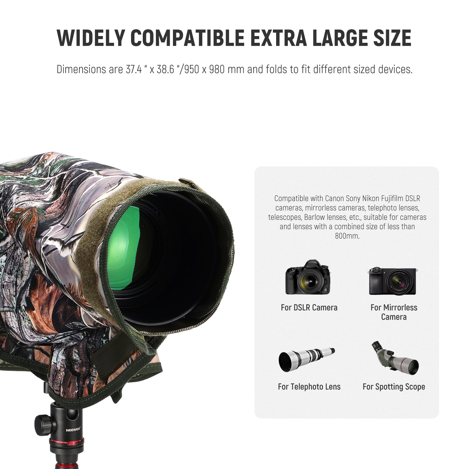 NEEWER Copertura antipioggia per fotocamera, XL, grande impermeabile, per fotocamera Canon Sony Nikon Fujifilm DSLR e obiettivi fino a 800 mm, mimetico su entrambi i lati, in nylon Tarn PB019