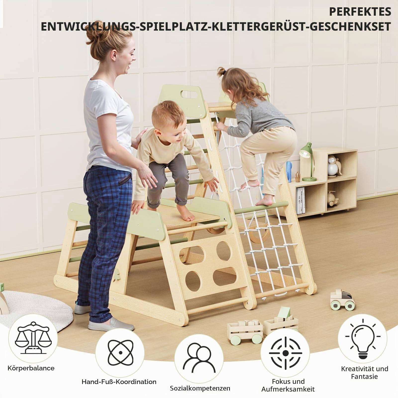 12-in-1 Montessori Klettergerüst für Kinder ab 18M+ Holz Indoor Kletterturm | Multifunktional Spielplatz mit Rutsche, Schaukel, Kletterwand, Kletterdreieck, Kletternetz, Turnringen Spielset baby Geschenk