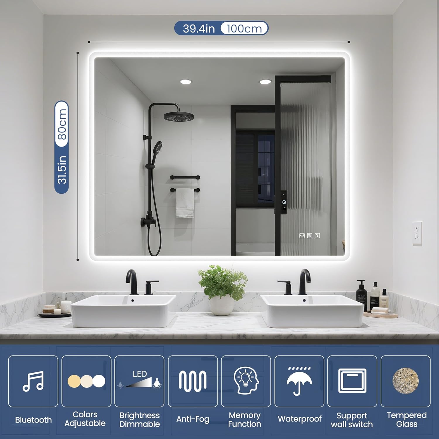 Image showing the mirror with icons for touch sensor and wall switch, indicating wiring options.
