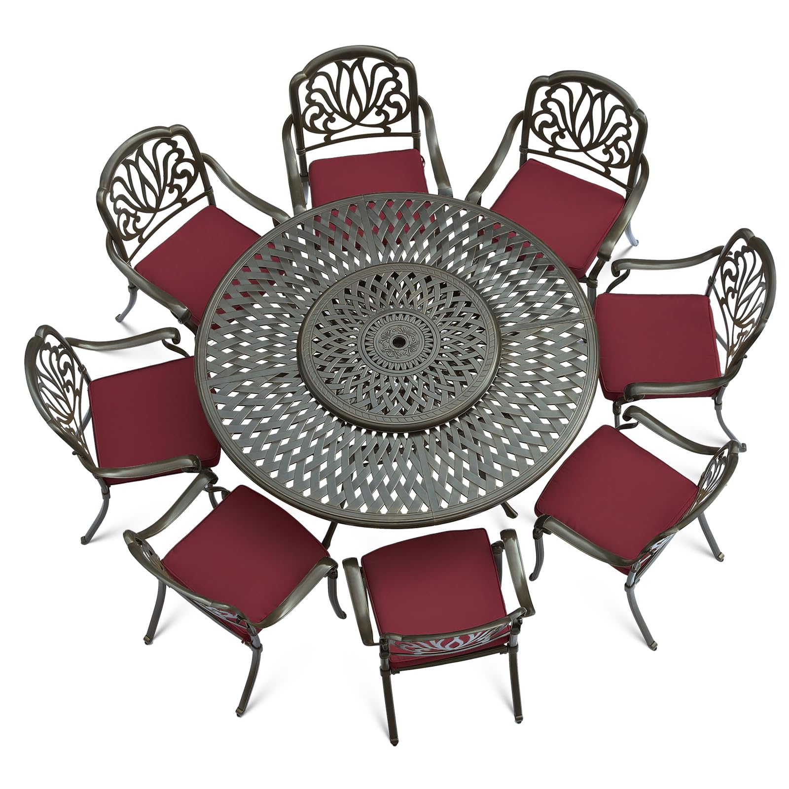 VIVIJASON 9-Piece Patio Furniture Dining Set, Rust-Free Cast Aluminum Outdoor Conversation Set, Include 8 Cushioned Chairs & 61" Round Dining Table