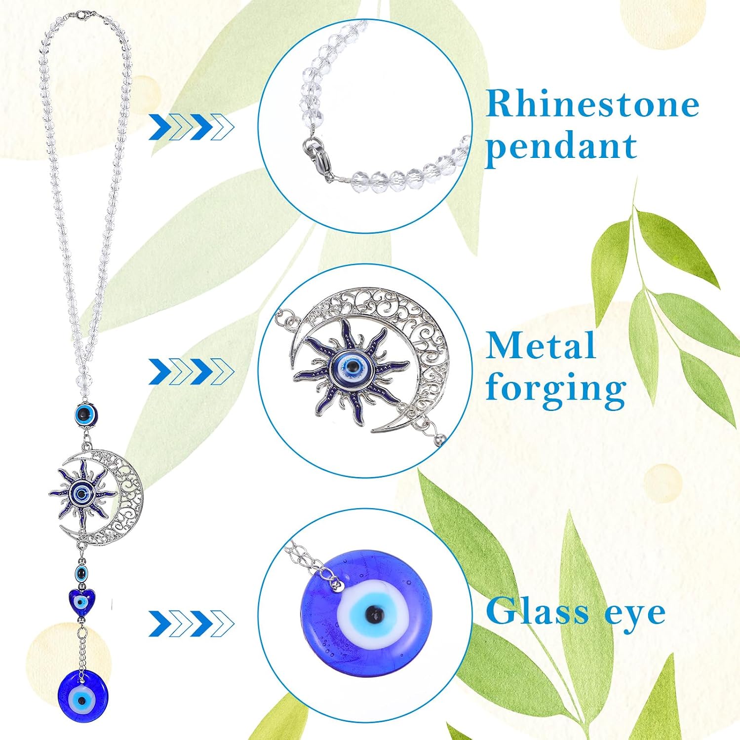 Xinjoduz 1 PCS Evil Eye Car Hanging Ornament, 16.5 Inches Blue Evil Eye Decor with Moon and Sun Evil Eye Beads Charm Pendant Crystal Car Rear View Mirror Accessories for Window Car Door Frame Balcony image 3