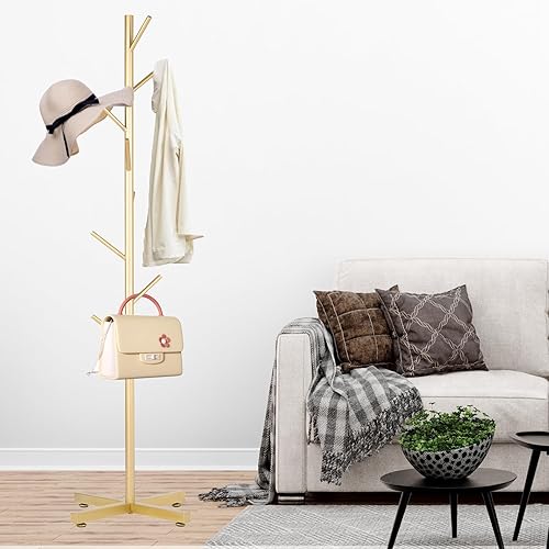 Miniatura 7 de Perchero de metal, moderno perchero independiente, resistente soporte de árbol con base cruzada, percheros dorados, árbol de pasillo para ropa,